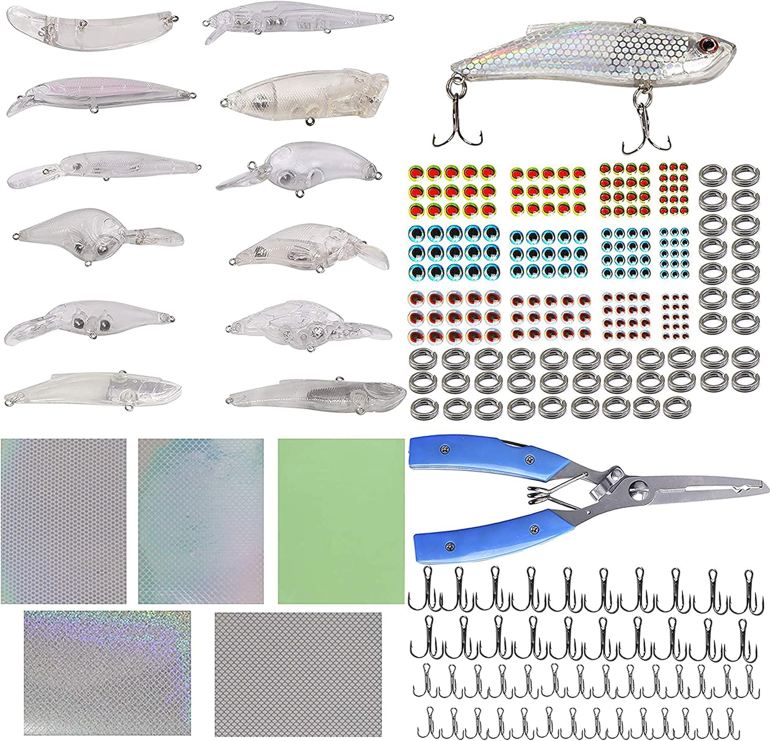 Unpainted Crankbaits Blank Fishing Minnow Lure Kit - 291Pcs Fishing Pliers Scissors,Treble Hooks,Fishing Split Rings,Fishing Lure Sticker 3D Eyes DIY Fishing Tackle image number 1
