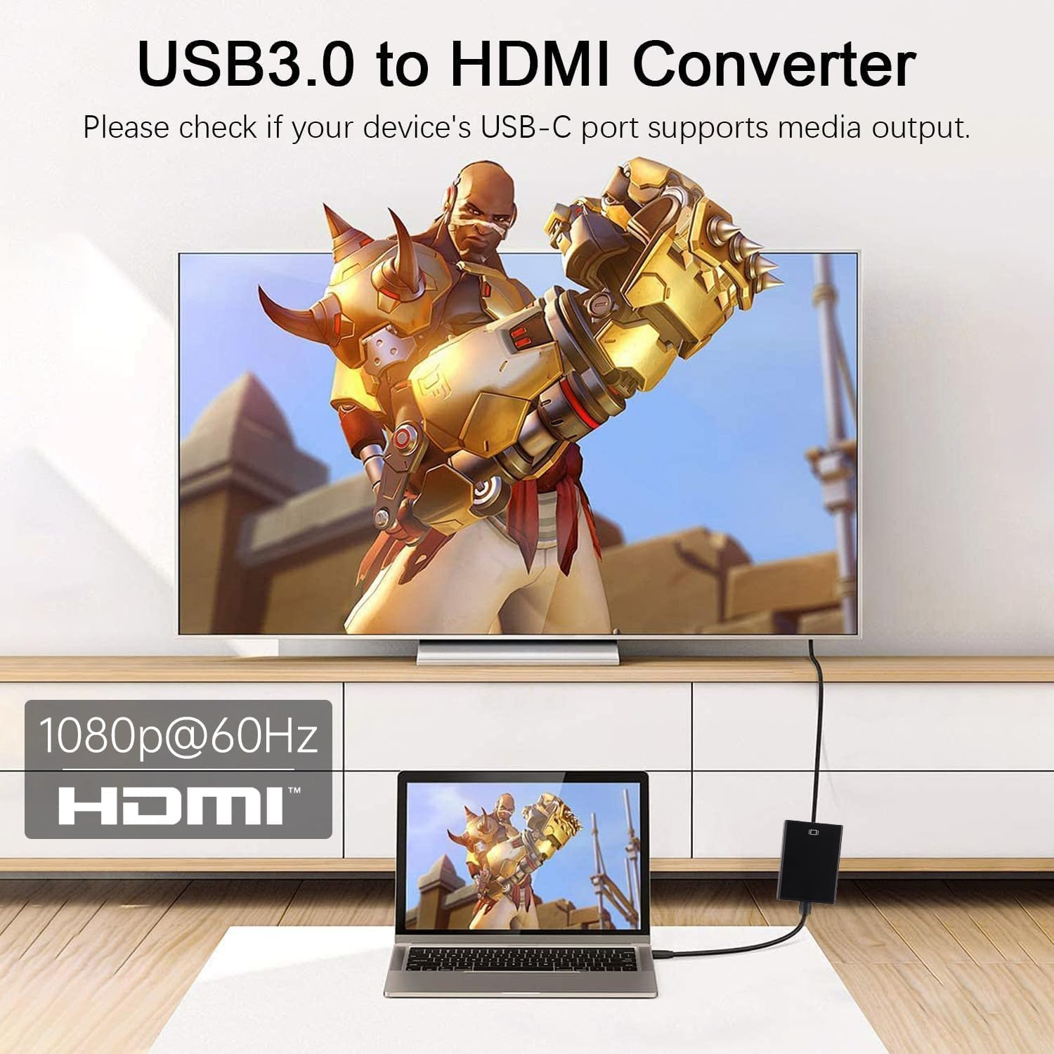 USB to HDMI Adapter, Vrythn USB 3.0/2.0 to HDMI 1080P Video Cable Converter with Audio for PC Laptop Projector HDTV Compatible with Windows XP 7/8/8.1/10 image number 2