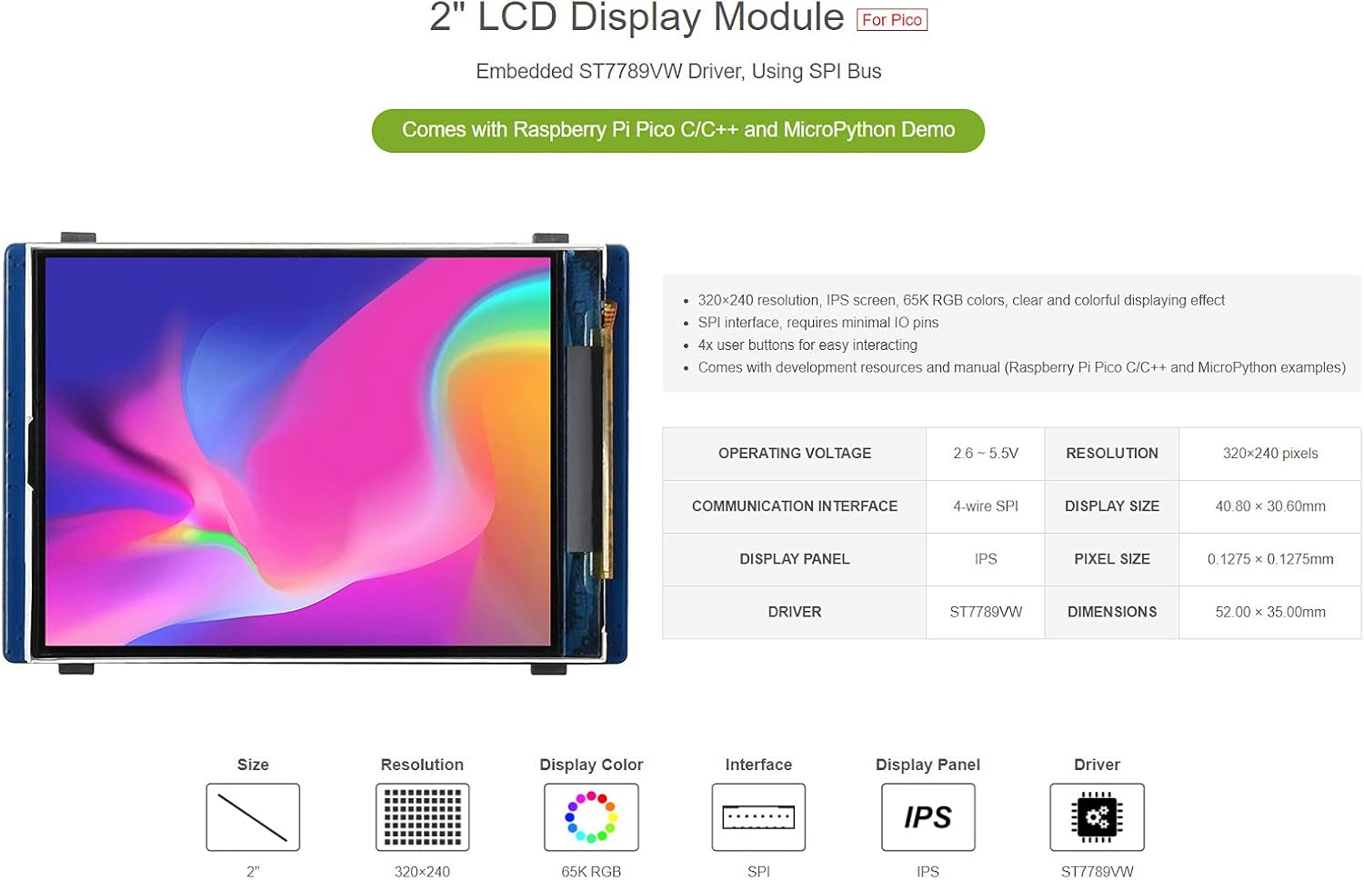 Waveshare 2Inch LCD IPS Display Module Compatible with Raspberry Pi Pico image number 1