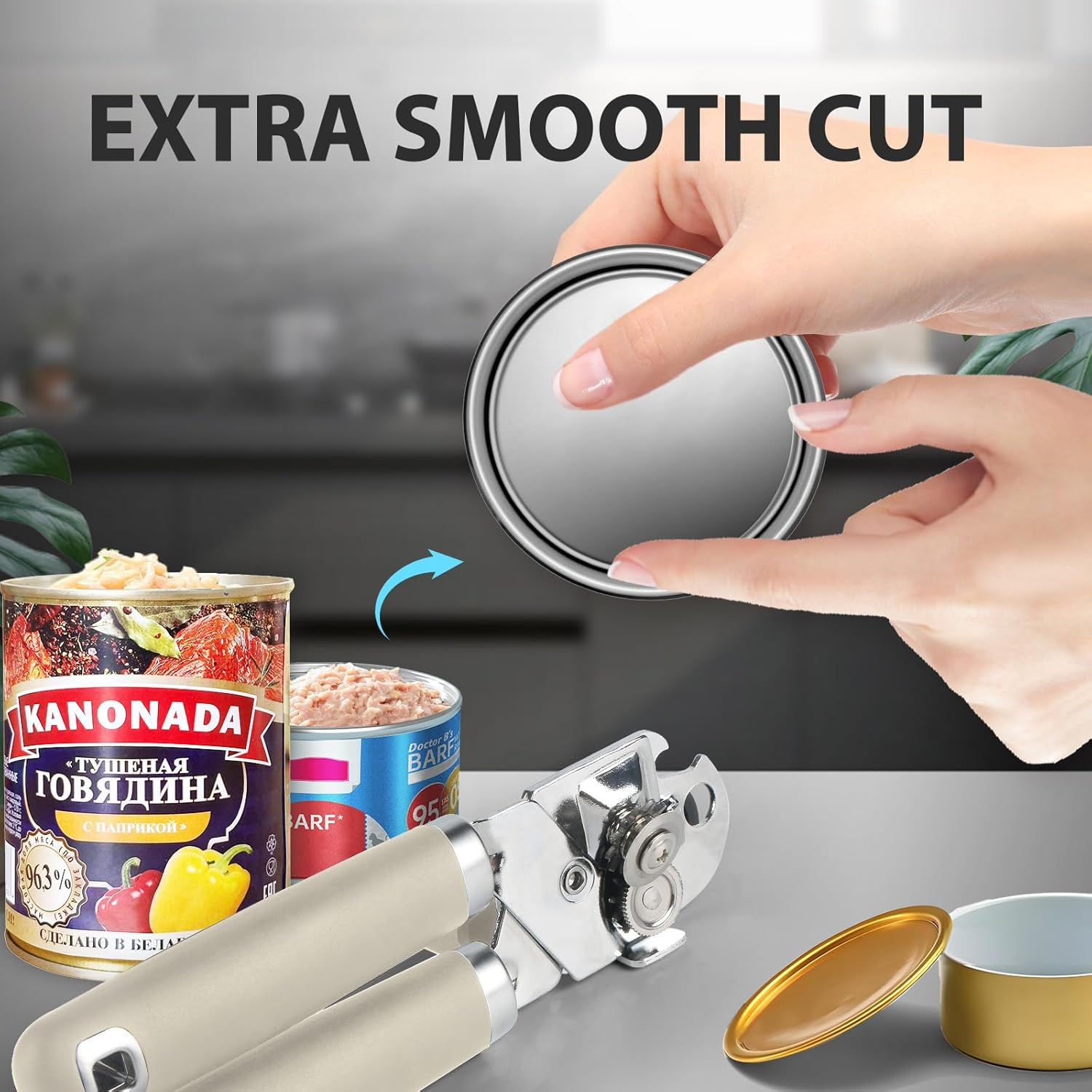 Safring Can Opener Manual, Heavy Duty Handheld Strong Can Opener with Soft Touch Handle, Sharp Blade Smooth Edge, Can Openers with Multifunctional Bottle Opener, Beige image number 3