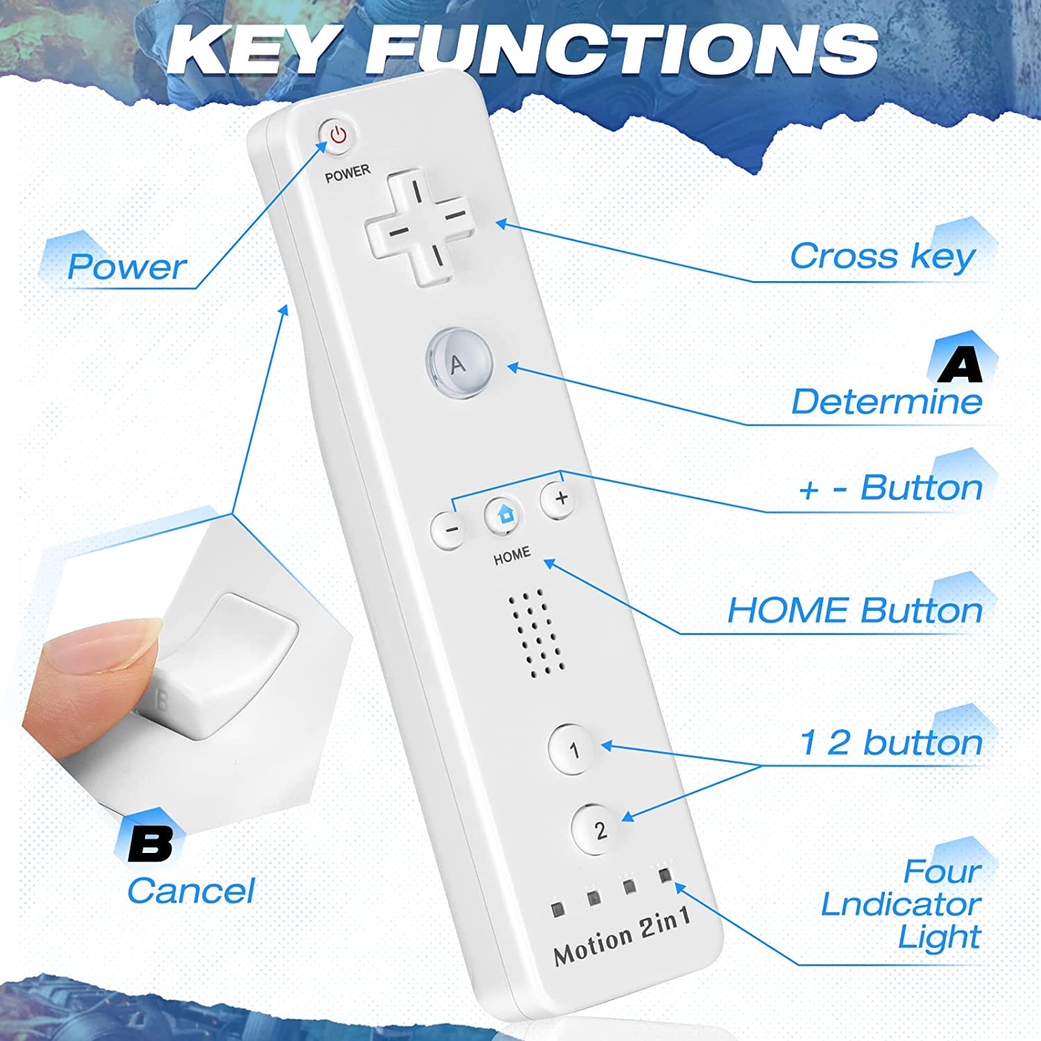 2 Pack FISUPER Remote Controller with Motion plus for Wii/Wii U, 2 in 1 Remote with Nunchuck Controller Compatible with Wii Wii U Console (Black+White) image number 5
