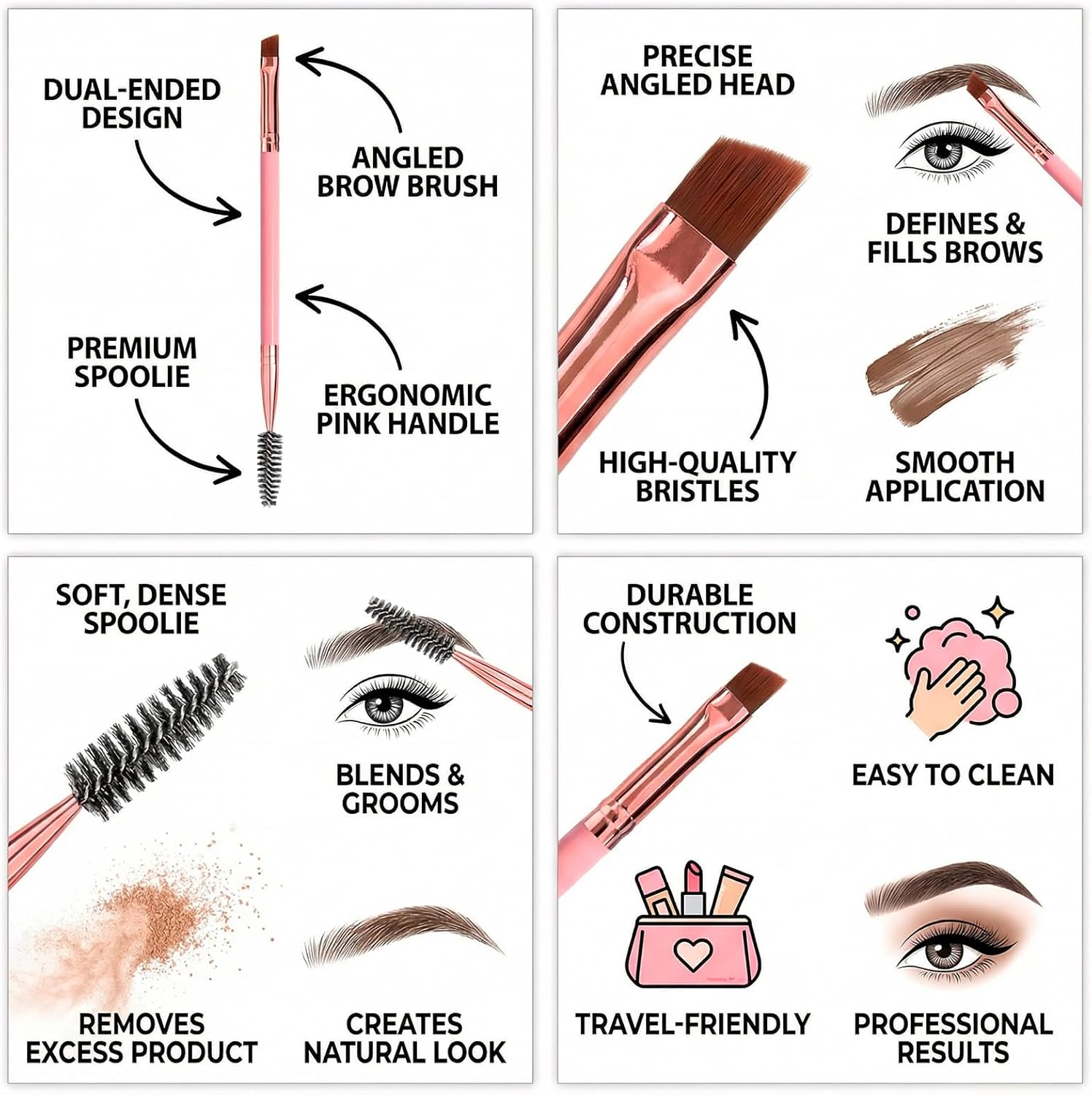 Xolixorium Duo Eyebrow Brush Spoolie Brush and Angled Brow Brush Eyelash Brush for Eye Makeup 5Pcs Set with Professional Spoolies for Precise Application Pink Color image number 2