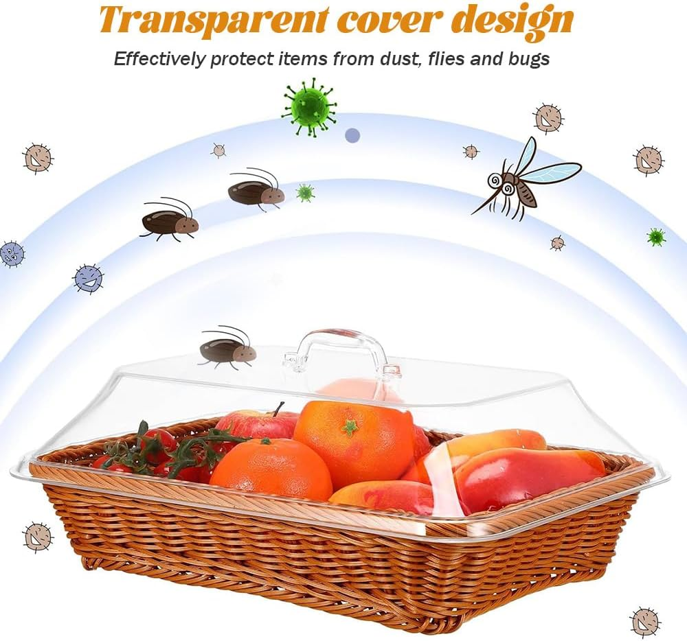 SHENMAIDAY Bread Basket with Lid, Woven Rattan Bread Basket, Desktop Food Serving Basket with Acrylic Lid, Kitchen Restaurant Fruit and Vegetable Basket, Multifunctional Storage Basket image number 2
