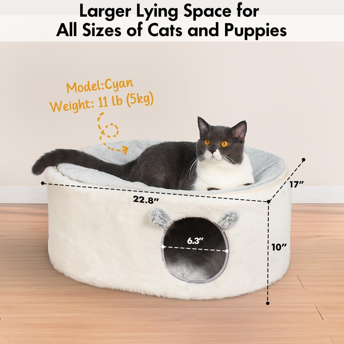 Cat Bed for Indoor Cats, Fluffy Cave Large Enclosed House Pet Hammock with Removable Washable Cover for Sleeping Kittens, Small Dog, Oval Hideaway image number 1