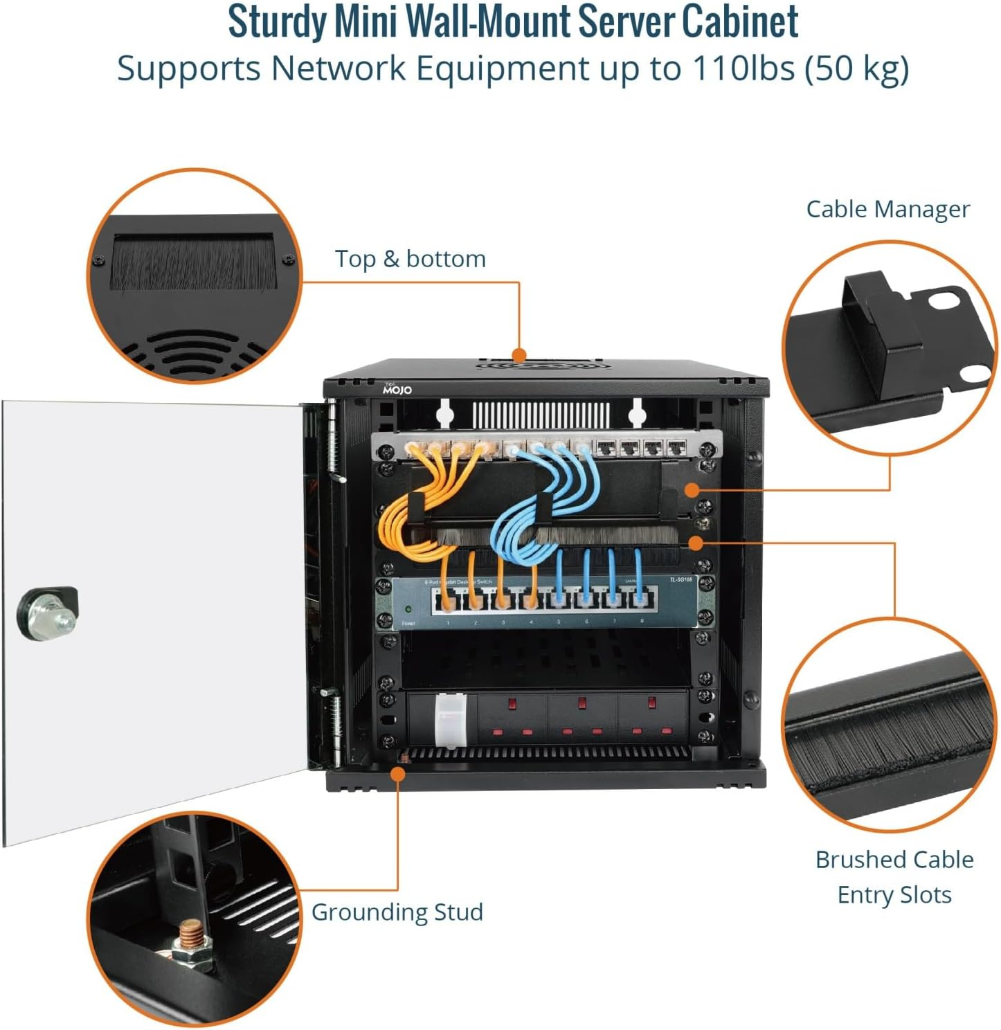 Tecmojo 6U Server Cabinet Wall Mount 10 Inch 330Mm Depth Network Cabinet with Rack Shelf, Brush Panels, Cable Organizer for Small Av/It/Data Devices, 50Kg Capacity, Glass Door image number 4