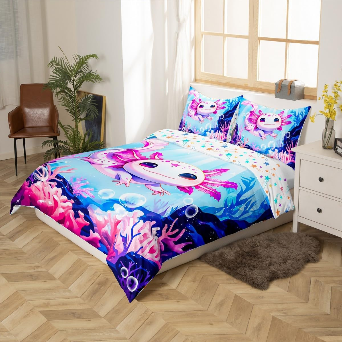 Homemissing Cute Children'S Axolotl Duvet Cover Set Ocean Coral Bedding Set 135 X 200 Cm Boys Girls Cartoon Animal Bedding Set Bedroom Decor image number 2