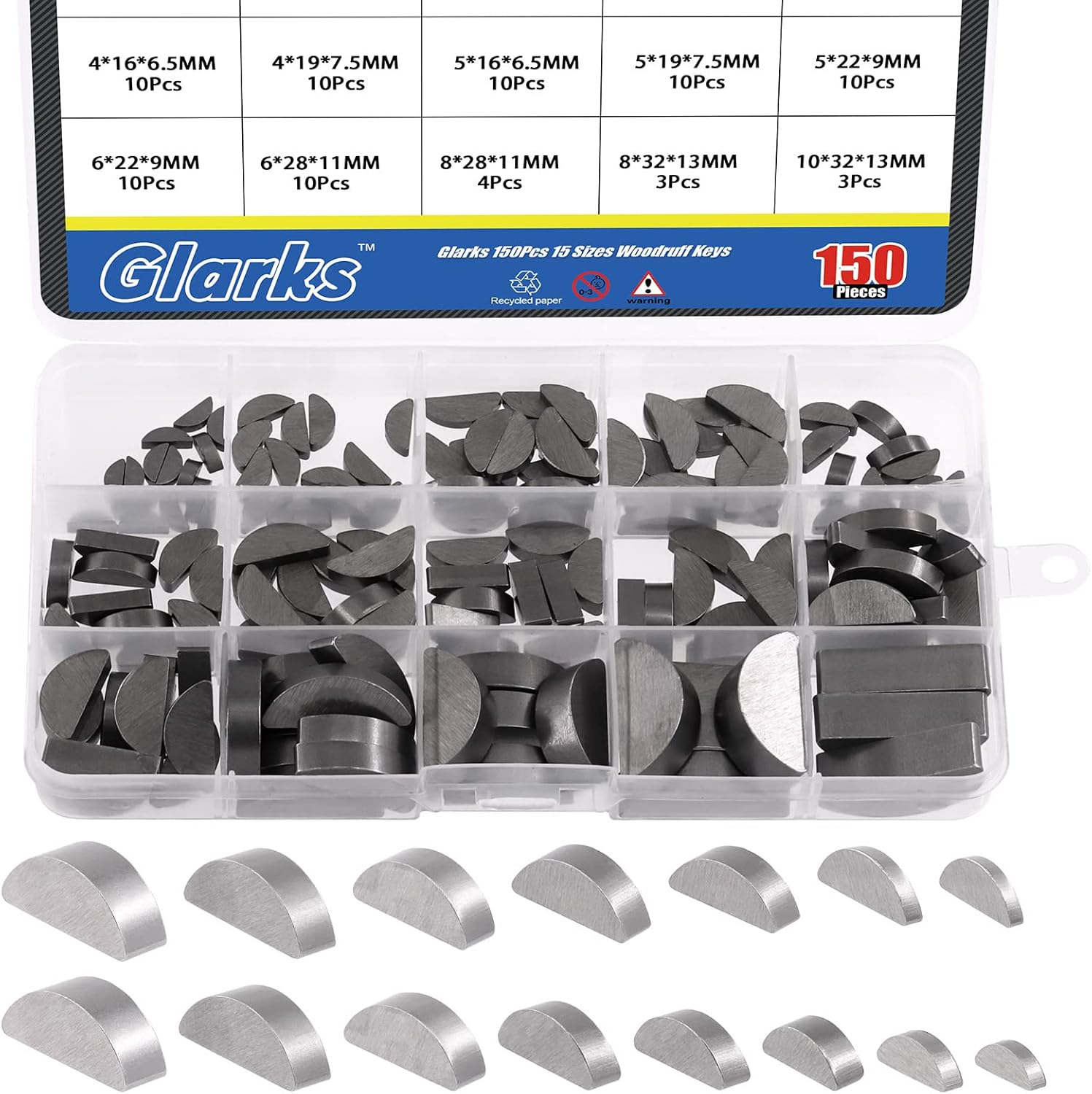Glarks 150Pcs 15 Sizes Woodruff Keys Assortment Carbon Steel Semi-Circular Keys Set for Fasteners Mechanical Industry image number 5