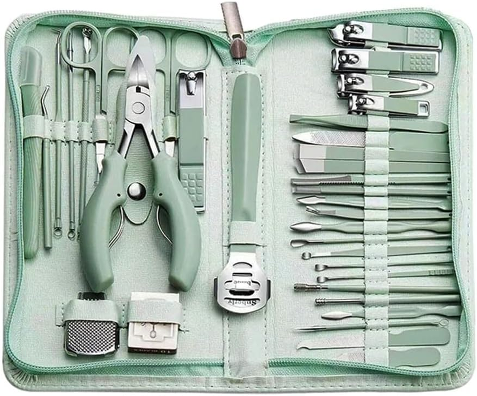 Manicure Pedicure Kit 35 in 1 Stainless Steel Nail Clippers Travel Essentials Portable Nail Care Set with Zippered Case（Green）