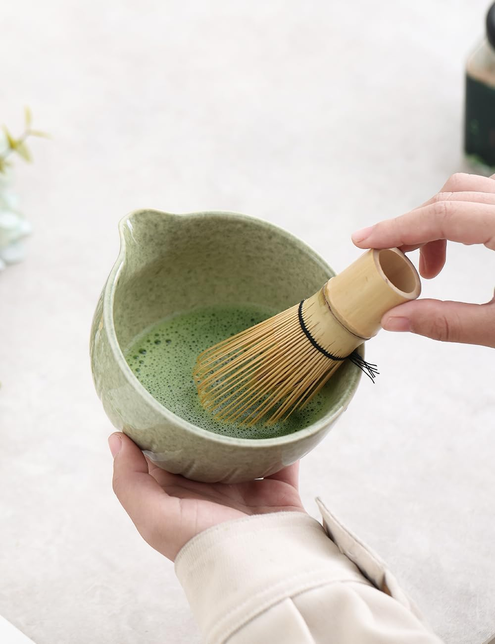 CIVPOWER Matcha Set - Bowl with Spout and Whisk, 15 OZ, Scoop | Whisk Stand (Chasen Holder) - 4Pc Perfect Matcha Kit Mottled Green image number 4