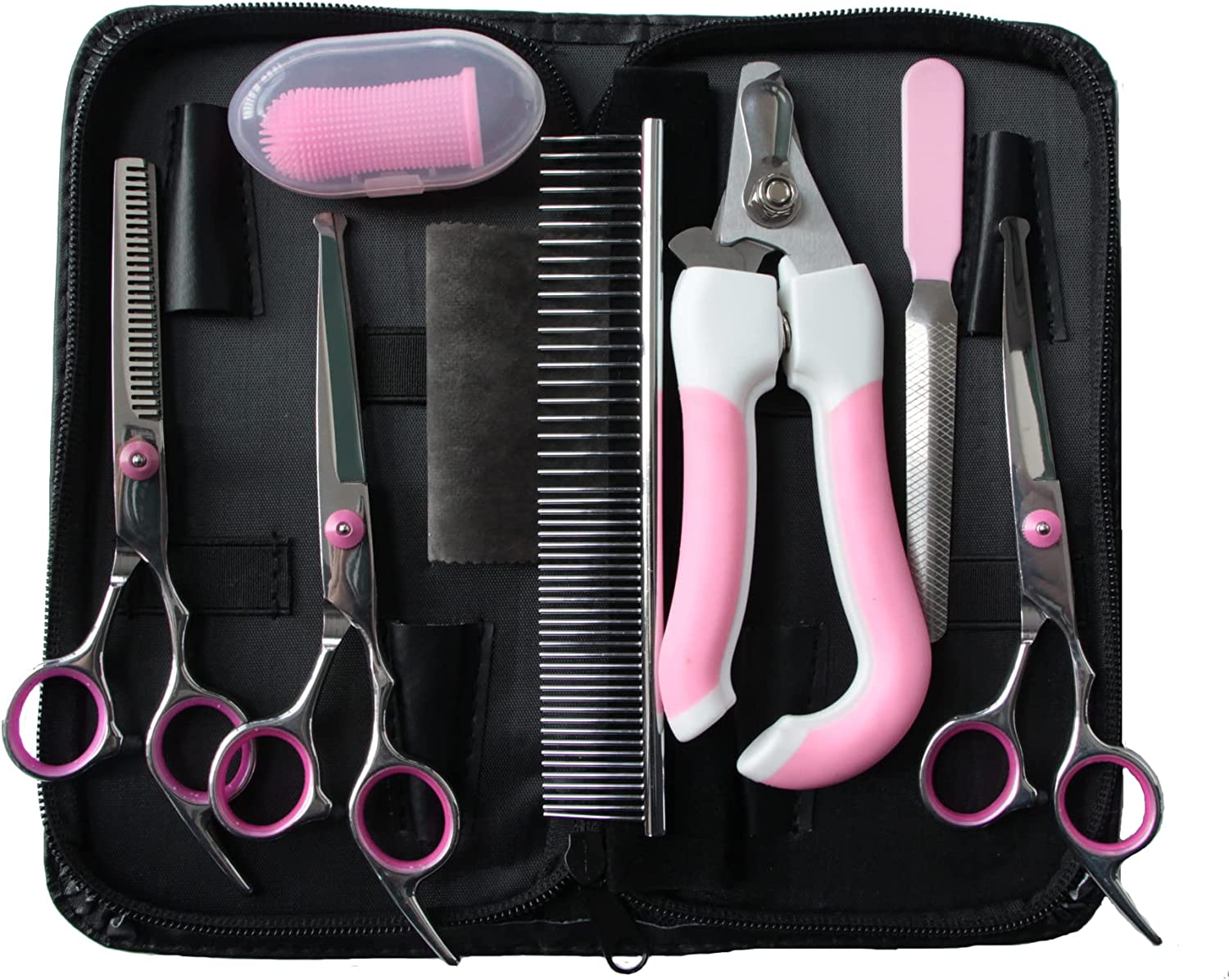 9Pcs in 1 Stainless Steel 6.5Inch Dog Grooming Scissors Kit, Dog Cat Cutting Trimmer Hair Care Thinning Shear Curved Scissors, Comb Pet Nail Clippers for Dogs Cats and Other Animals (Pink) image number 6