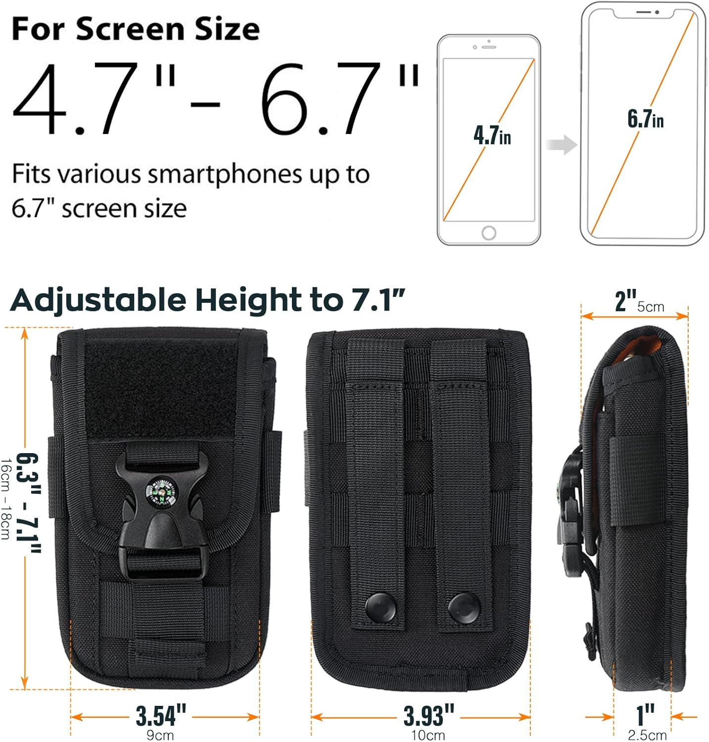WYNEX Tactical Molle Phone Pouch with Compass Buckle, Tactical Phone Holster Molle Cell Phone Pouch Universal Belt Waist Bag for IP 15/14/13 Pro Max / S22/S21 with US Patch & Paracord Keyring Clip - Khaki image number 3