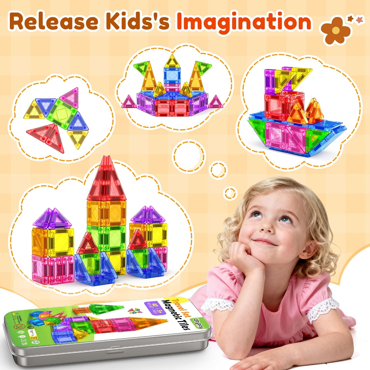 40PC Travel Magnetic Tiles for Kids Ages 3-5 with Iron Box Magnet Mini Building Blocks Kids Plane Toys for 3 4 5 6 7+Year Old Boys Girls Toddler Preschool STEM Construction Christmas Birthday Gifts