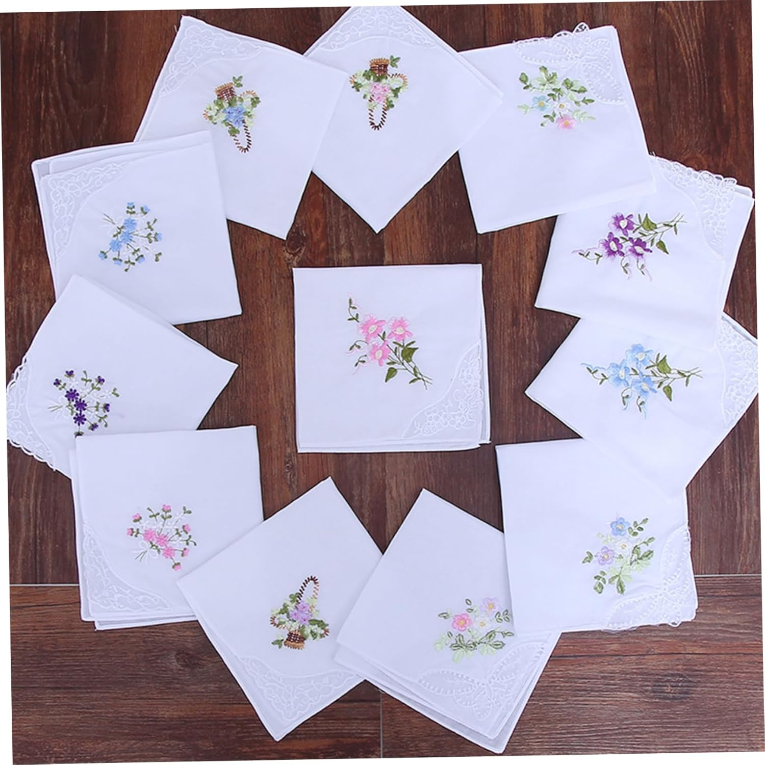 Handkerchiefs for Women 12PCS Pocket Square 11X11Inch Cotton Flower Embroidered Handkerchief with Lace White Hankies for Women Tea Favors, Random Type