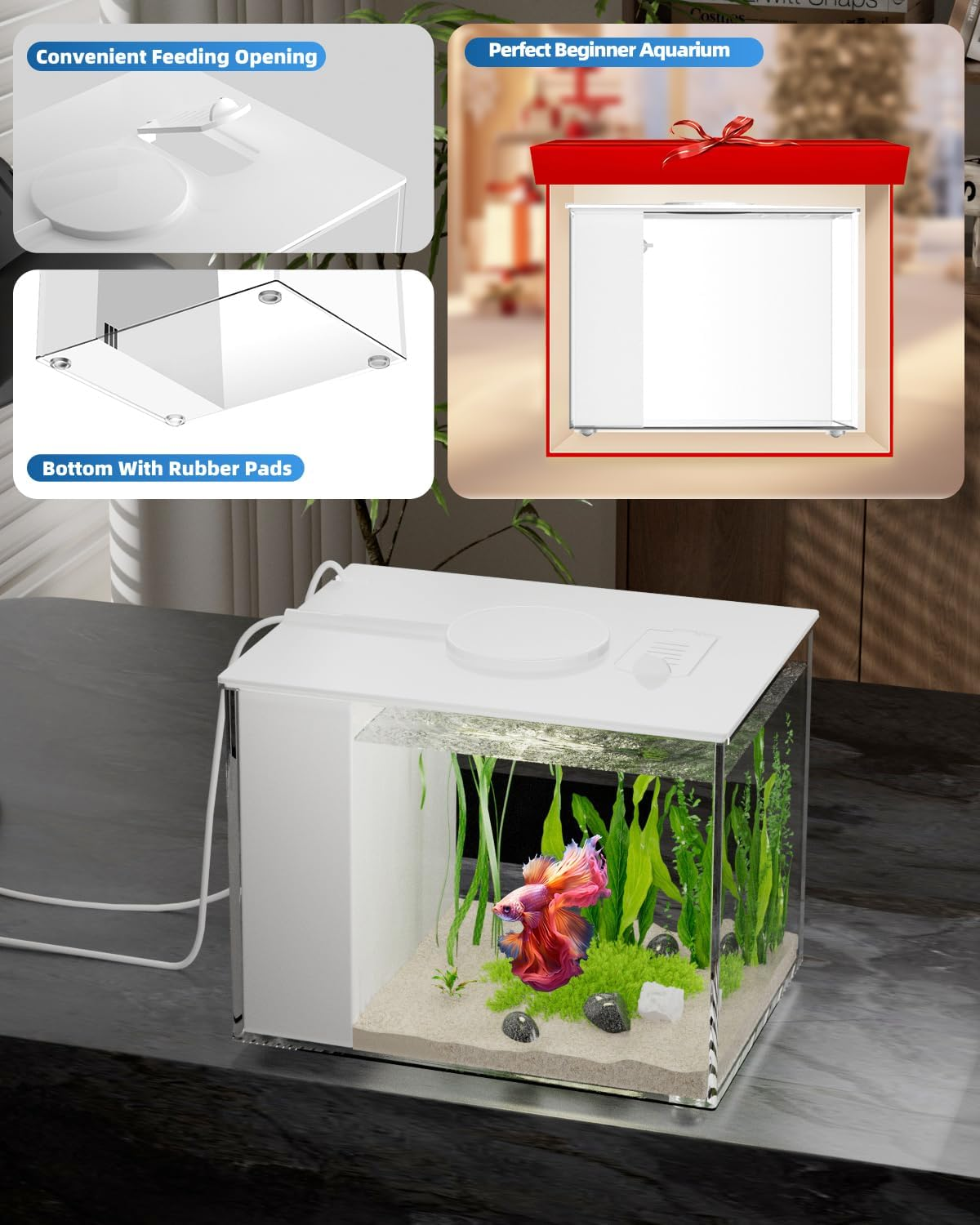 Vehipa 2.9L (0.78 Gal) Betta Fish Aquarium, Acrylic Small Fish Tank Kit with Water Filter Pump & LED Light, Ideal for Small Fish, Plants and Shrimp, White