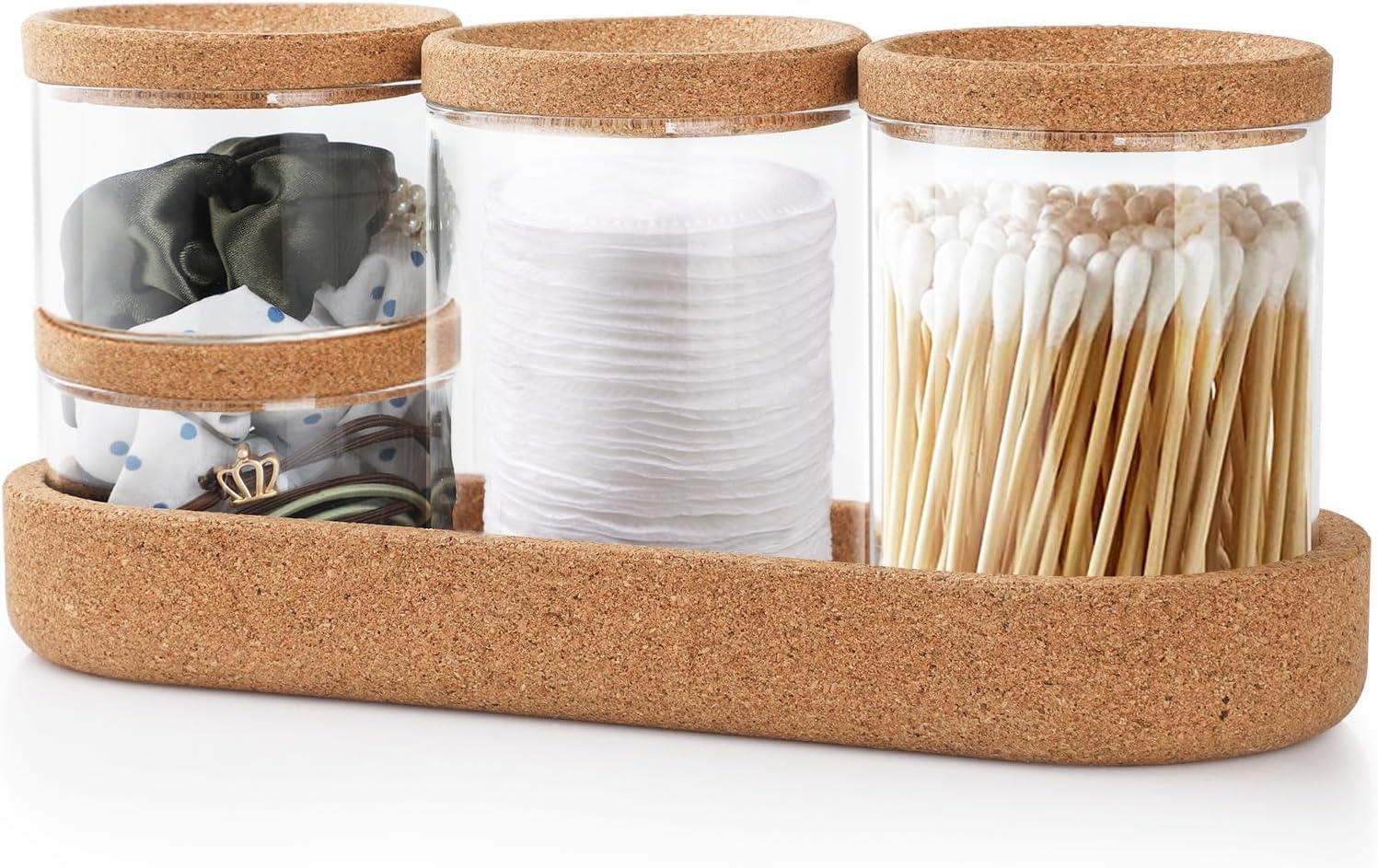 Anhow 3 Pack Qtip Holder Dispenser, Makeup Organizer with Cork Lids and Cork Pallet Cosmetic Display Cases Cotton Pad Dispenser for Cotton Ball, Cotton Swab, Cotton round Pads, Floss - Clear