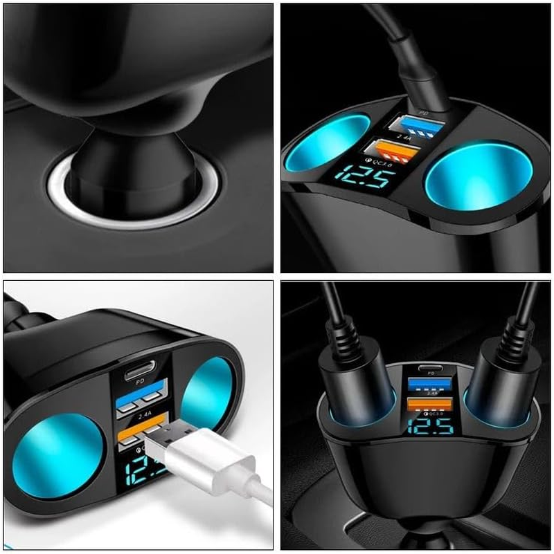 120W Car Charger Cigarette Lighter Double Power Adapter Socket Splitter Dual USB a and Type C Plug Adapter Power Socket Adapter with Voltage LED Display image number 4