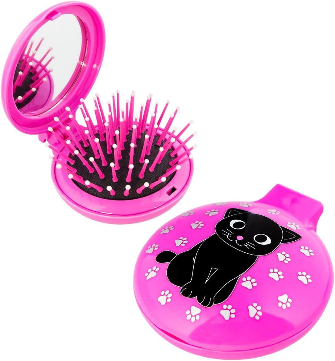 Lady Retro 2 in 1 Mirror Hairbrush, Pink Cat
