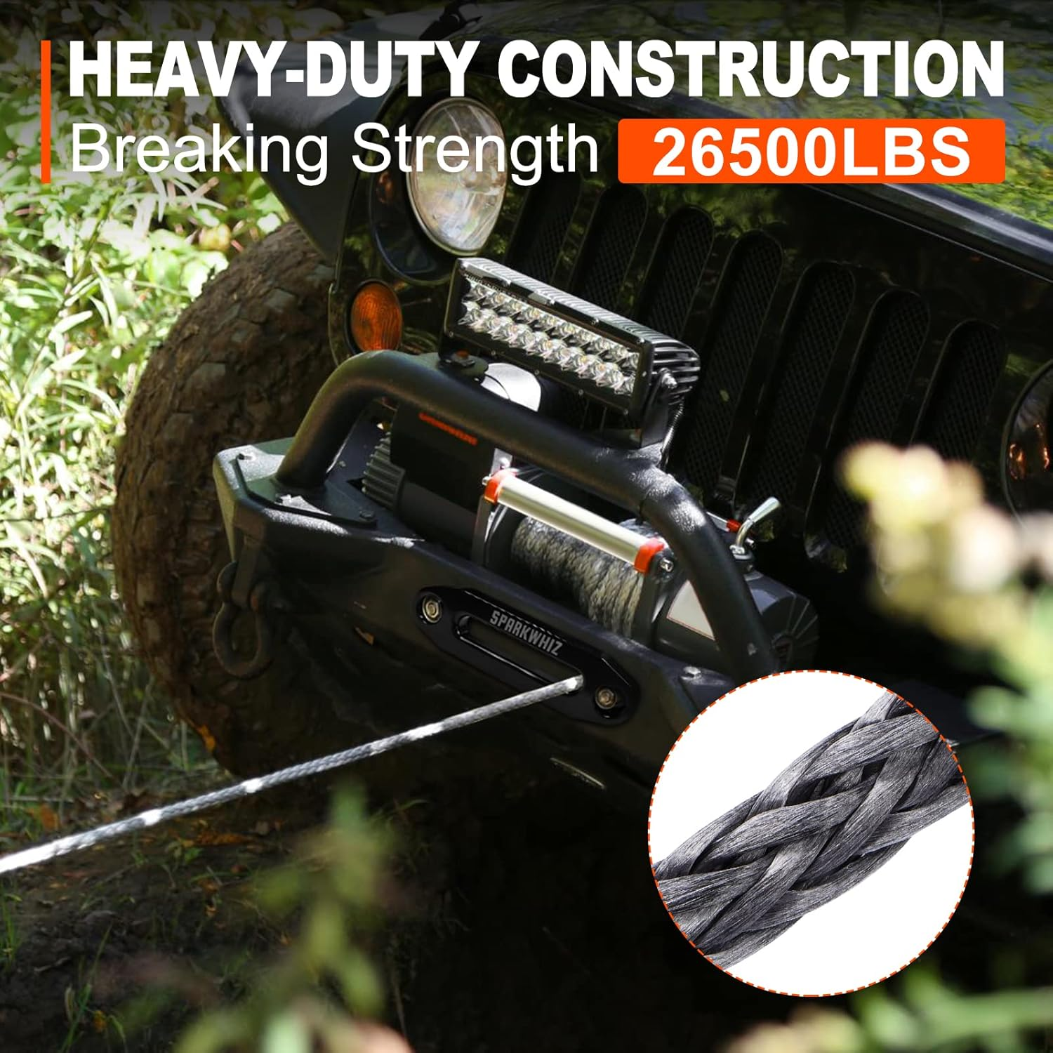 SPARKWHIZ Synthetic Winch Rope Cable Kit, 3/8" X 100 Ft 26500LBS Winch Line Cable with Protective Sleeve+Winch Fairlead+ Stopper+Hook for for 4WD off Road Vehicle Truck SUV ATV UTV image number 4