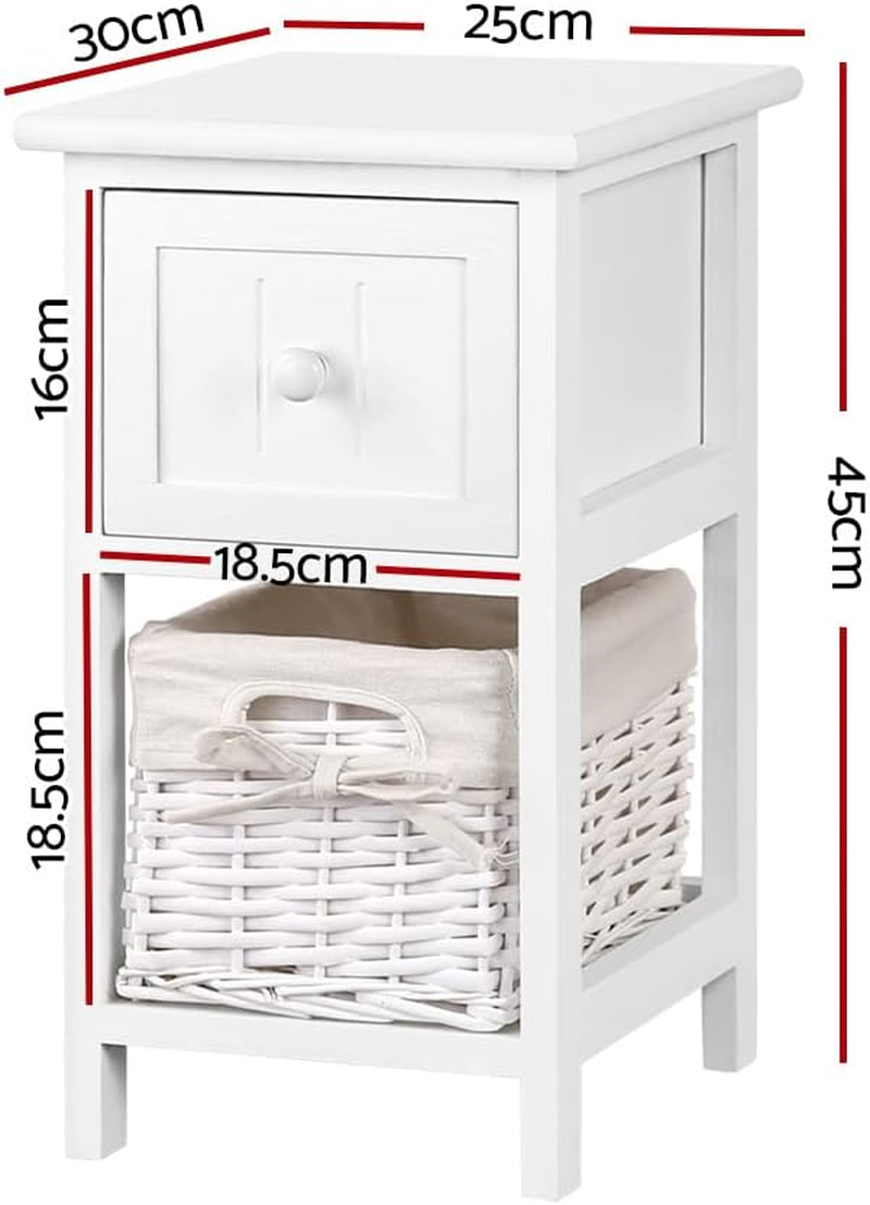Artiss Bedside Table Set of 2 White Bed Baskets Side Tables Storage Small Narrow Desk Chest Drawers, with 1 Drawer + Shelf, Bedroom Home Furniture Tallboy Lamp Nightstand Cabinet in 45Cm Height image number 6