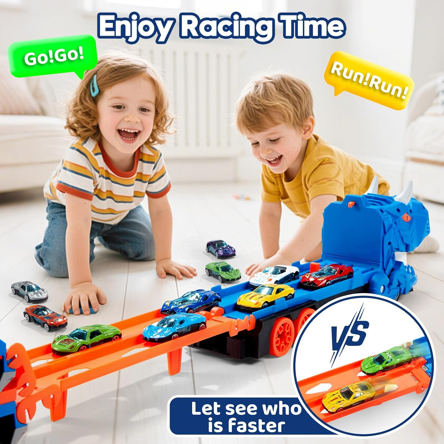 Car Toys for 3 4 5 6 Years Old Boys,Dinosaur Transporter Truck with 5-FT Race and 12 Die-Cast Cars,Toddler Dino Educational Toys for Kids 3-5 6-8 Year Old Boys Girls Birthday Gifts image number 2