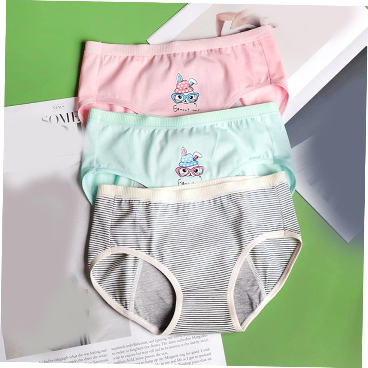 3Pcs Menstrual Underwear Female Breathable Sanitary Pants for Girls Period Briefs L Size Green Rabbit and Carrot Designs image number 4