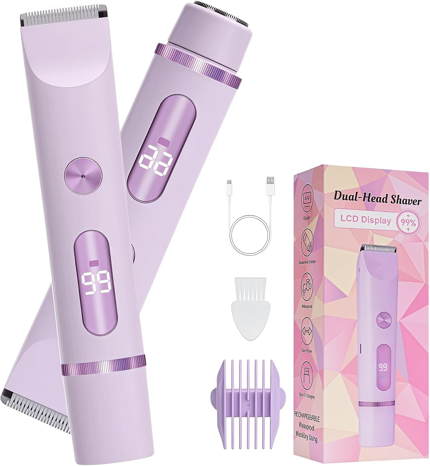 2 in 1 Electric Razors for Women, Rechargeable Bikini Shaver, Waterproof Dual Head Shaver with LCD Display, Painless Hair Removal (Glacier Blue)