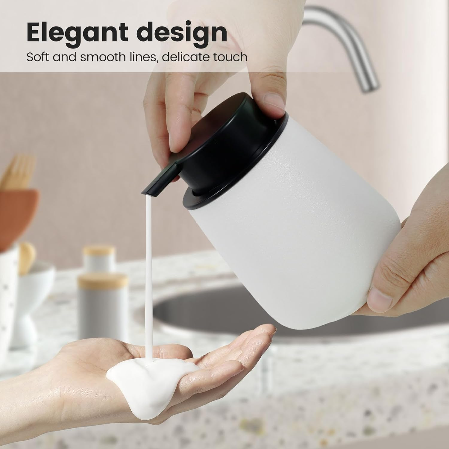 Fwqofvk Ceramic Black Soap Dispenser, Safe Ceramic Dish Liquid Dispensing Container, Lotion Soap Pump for Bathroom 12.5X9.5X9.5Cm (White) image number 3