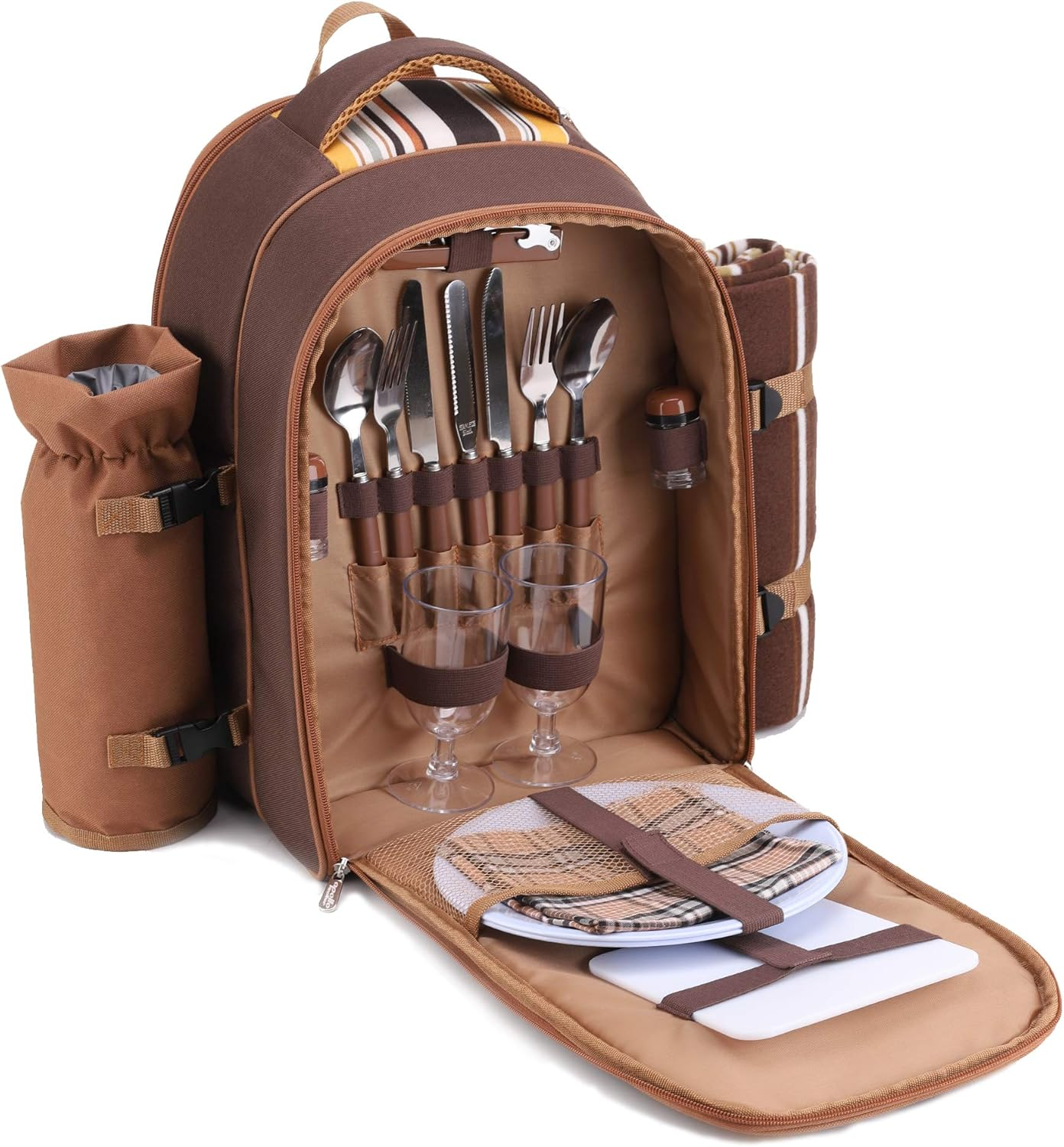 Apollo Walker Picnic Backpack Bag for 2 Person with Cooler Compartment, Detachable Bottle/Wine Holder, Fleece Blanket, Plates and Cutlery(2 Person, Brown) image number 4