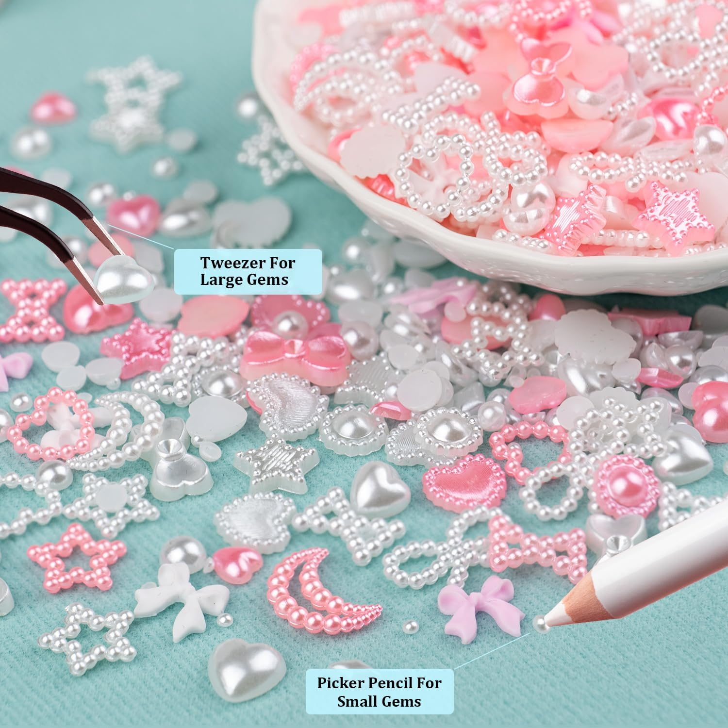 1200Pcs 3D Multi Shapes Nail Charms and Flatback Pearls, White&Pink Mix Styles Heart Star Bow Sunflower Embellishments for Nail Art, Craft and Decoration with Tweezer and Pickup Pencil image number 2