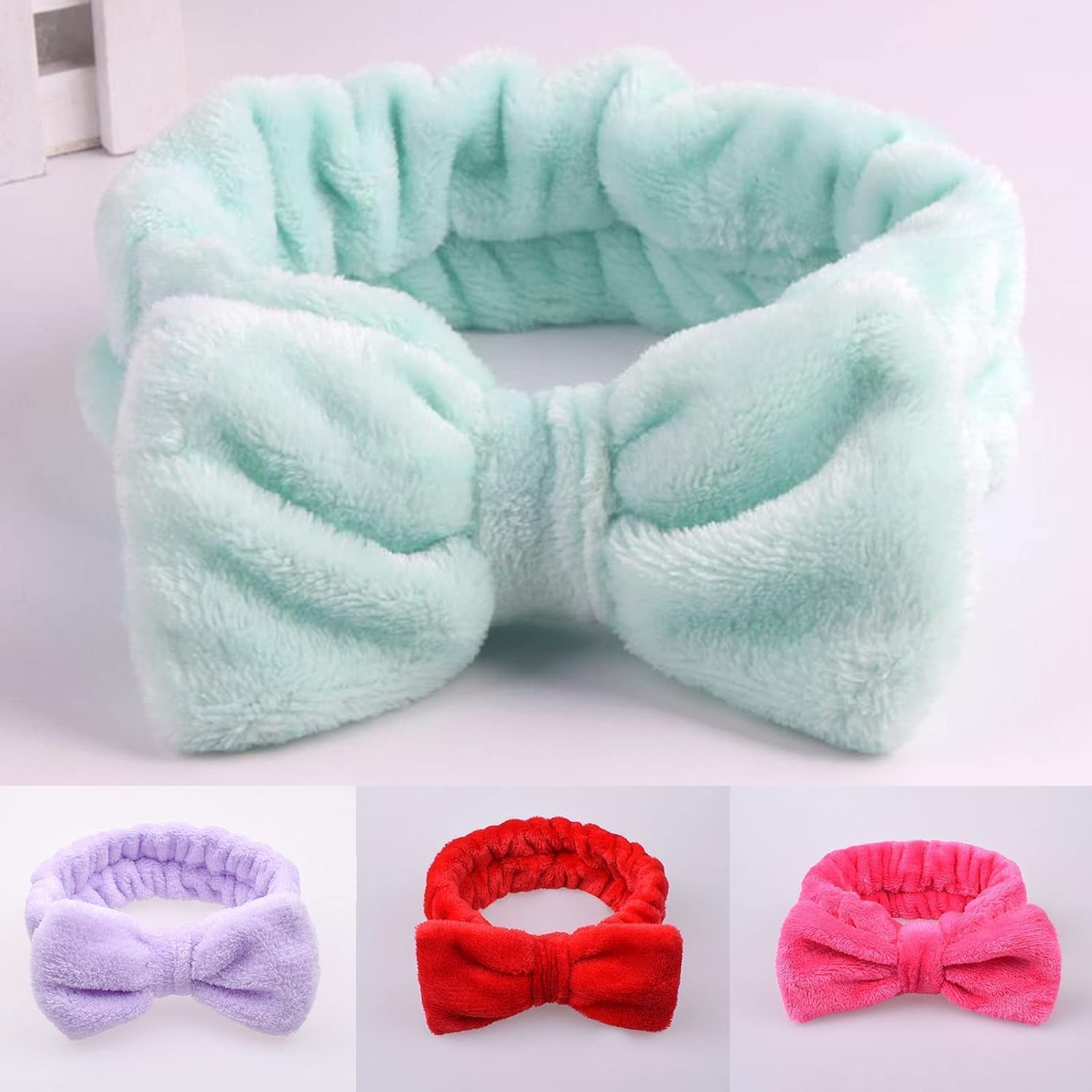 Red Makeup Headband,Cute Hair Band for Washing Face,Spa,Skincare,High Elasticity Bowknot Coral Fleece Bow Head Wrap Hair Accessories for Daily Wear Headbands image number 1