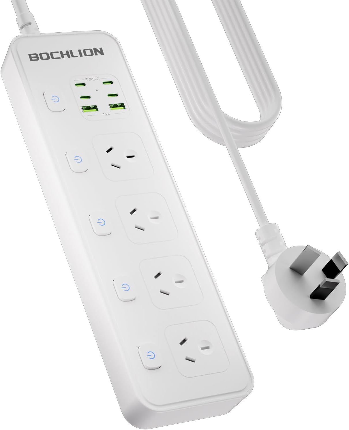 BOCHLION Power Strip with Independent Switch, 4 AC Power Sockets, Surge Protector Power Strip with 6 USB Ports (4 USB-C Sockets), 1.8M Extension Power Strip, Wall-Mounted for Home Office (White)