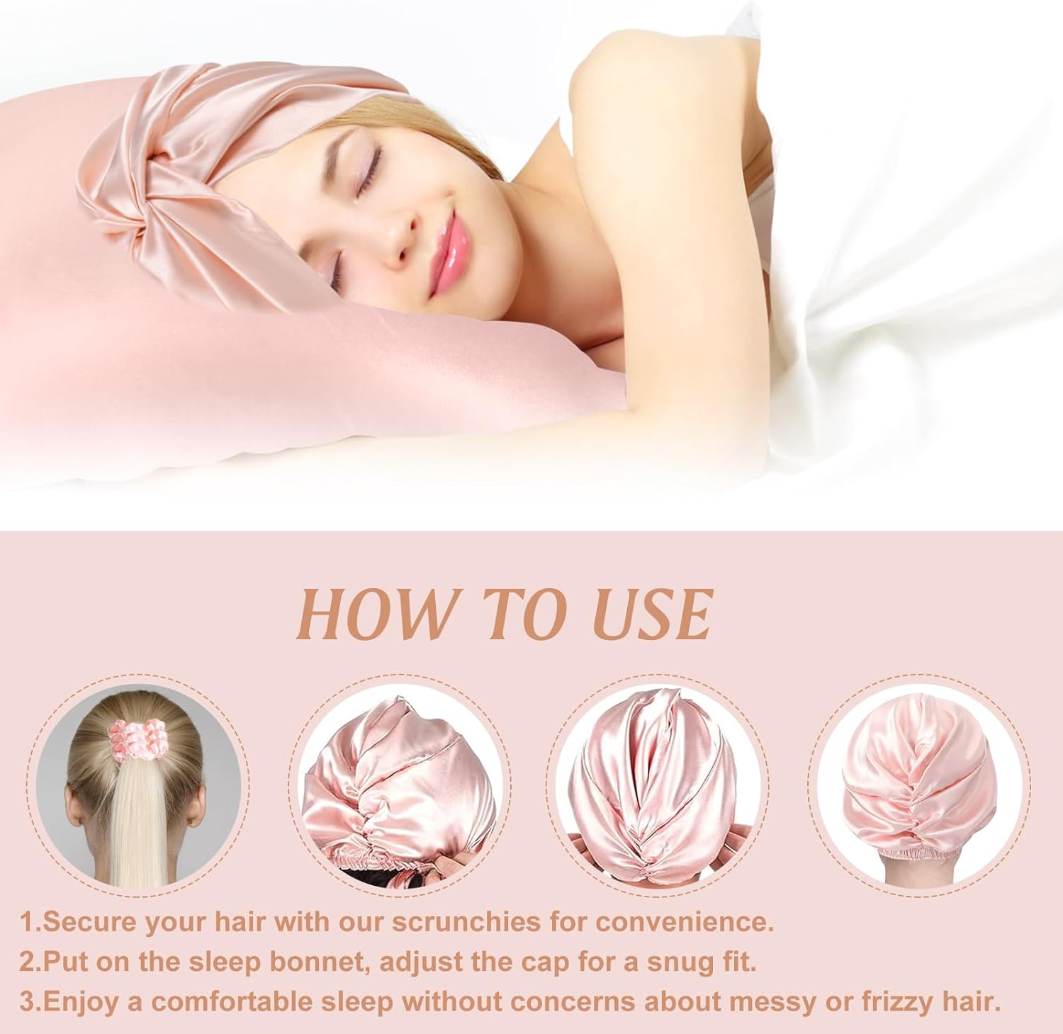 8Pack Satin Bonnet Silk Cap Pillowcase Scrunchies Set, Natural Night Bonnet Hair Wrap with Elastic Stay on Head, Silk Pillow Cases Elastic Ponytail Holders for Women Girls image number 2