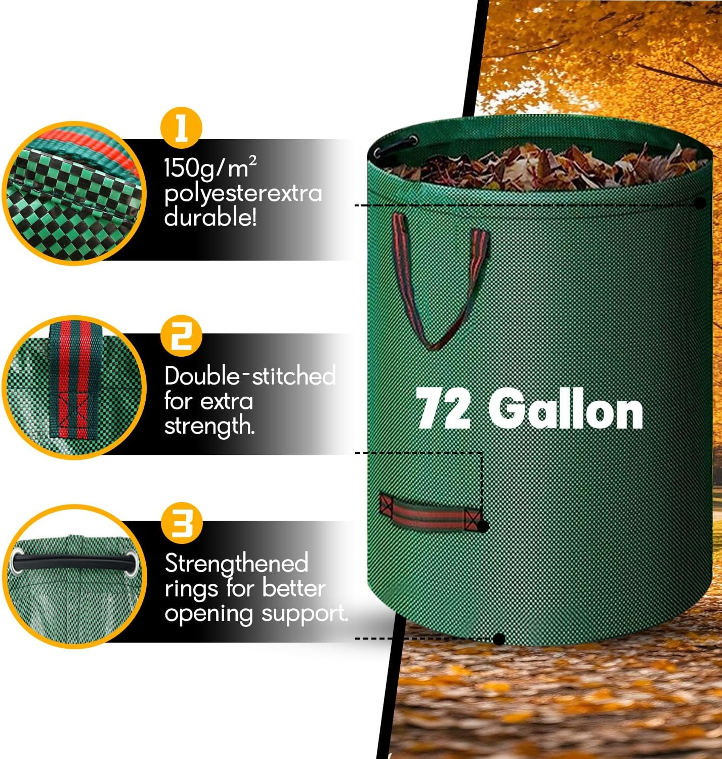 Garden Waste Bags 3 Pack (272L) &ndash; Reusable Garden Waste Bags, Heavy Duty Green Waste Bags, Garden Bag with Reinforced Handles for Leaves, Grass Clippings & Garden Rubbish, Garden Bags.