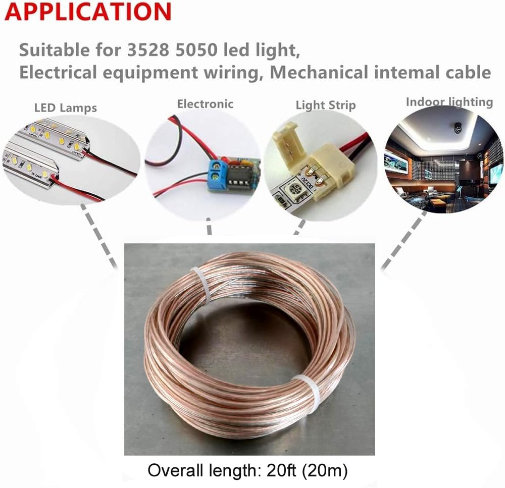 16Awg Extension Cord Clear Invisible Electric Wire 2 Pin Parallel Wire Length 66Ft Tinned Copper Stranded Wire 3528 5050 for LED Light Bar Speaker Speaker Electronics Wiring image number 3