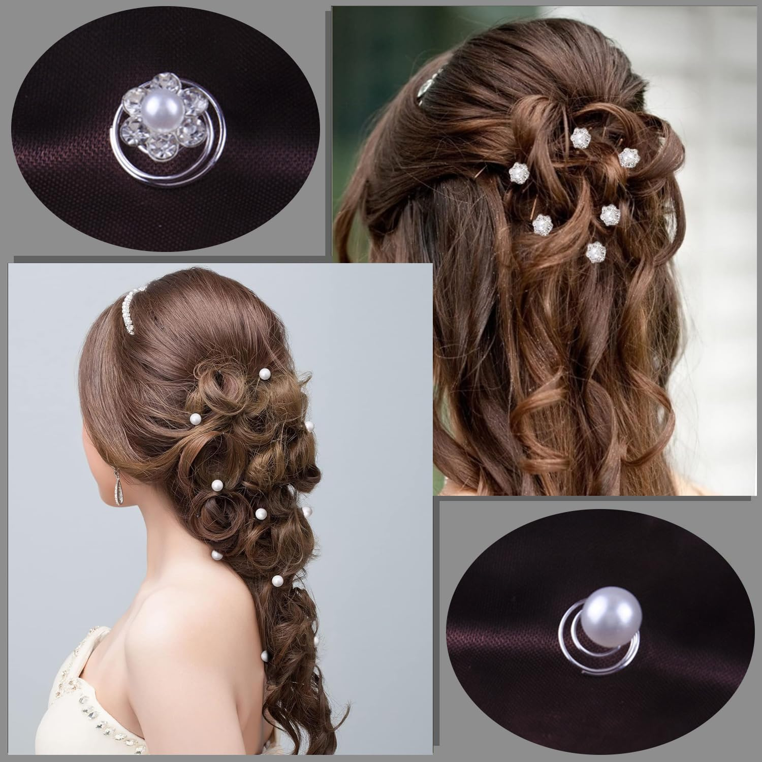 Esshogo Pack of 24 Bridal Hair Pins, Spiral Hair Pins, Hair Rhinestone Pearl Hair Pin Diamond Pearl Flower Jewels Accessories Spiral Wedding Hair Clip for Women, Girls, Wedding, Bridal Shower (2 image number 4