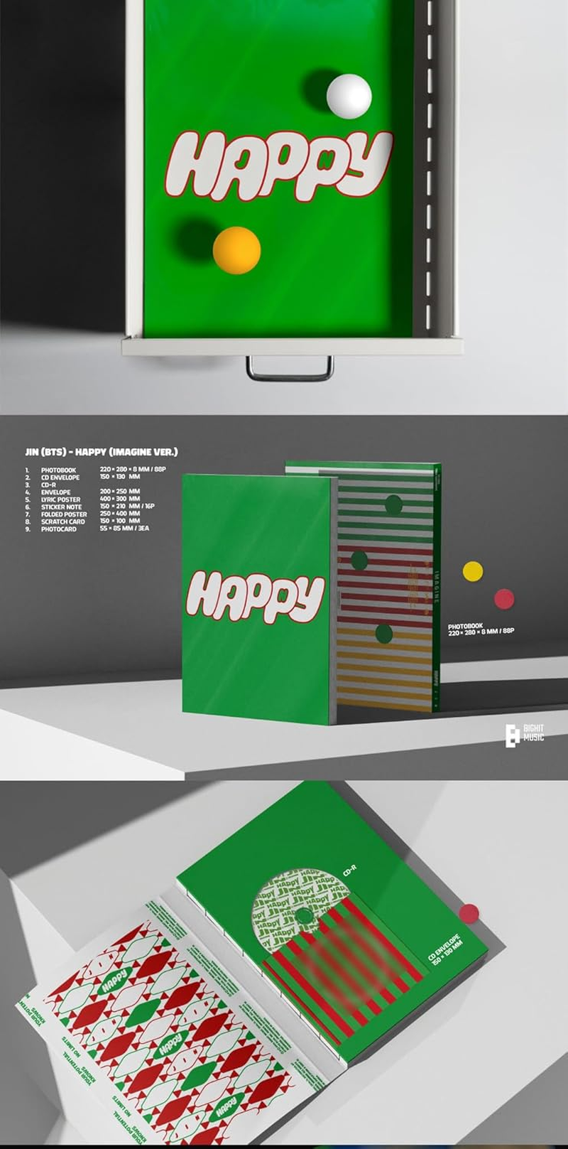 BTS JIN Happy 1St Album Standard Random Version Cd+88P Photobook+2P Poster on Pack+16P Sticker Note+1P Scratch Card+3P Photocard+Tracking Sealed Bangtan image number 1