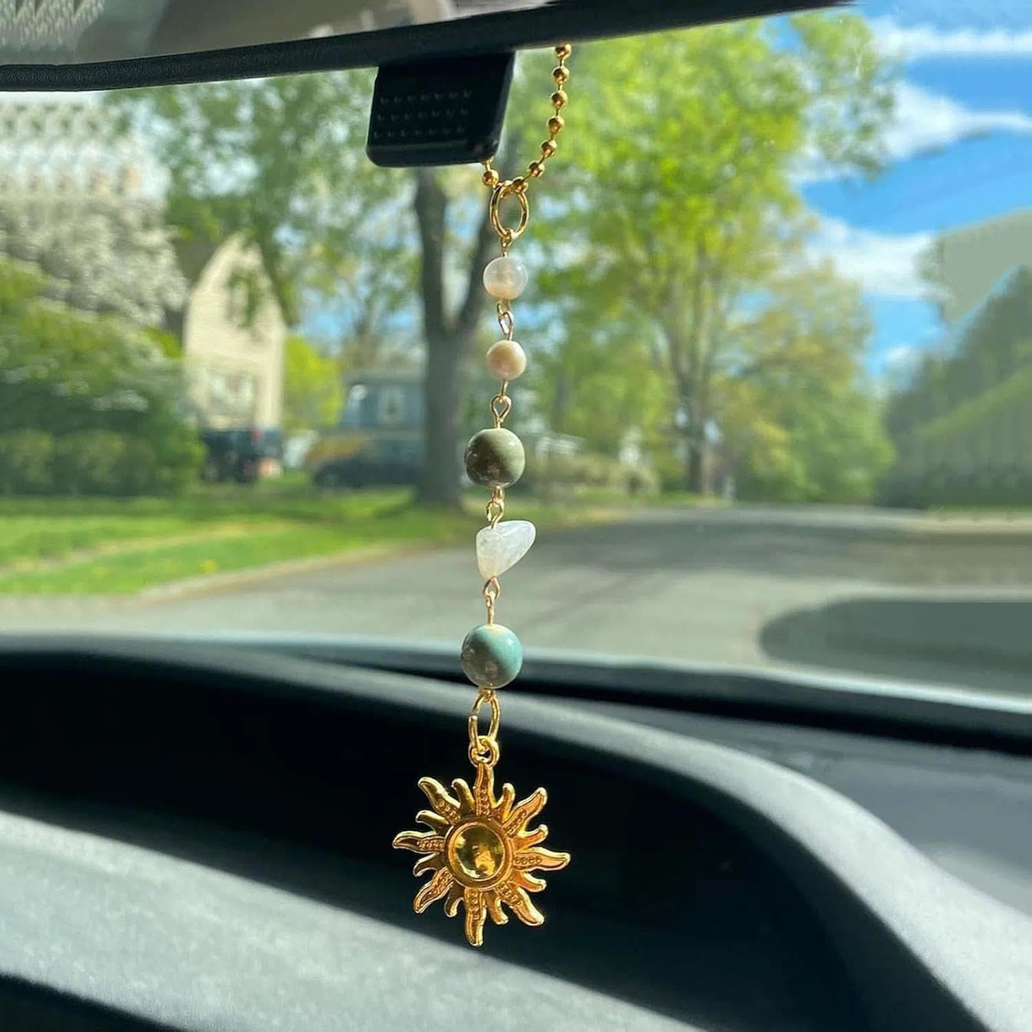 Cute Car Hanging Accessory with Green and Gold Handmade Healing Crystals, Sun Hanging Charm, Compatible with Rear View Mirror, Car Interior Decor - Perfect Decor for Lovers,17.8 Cm - Unron