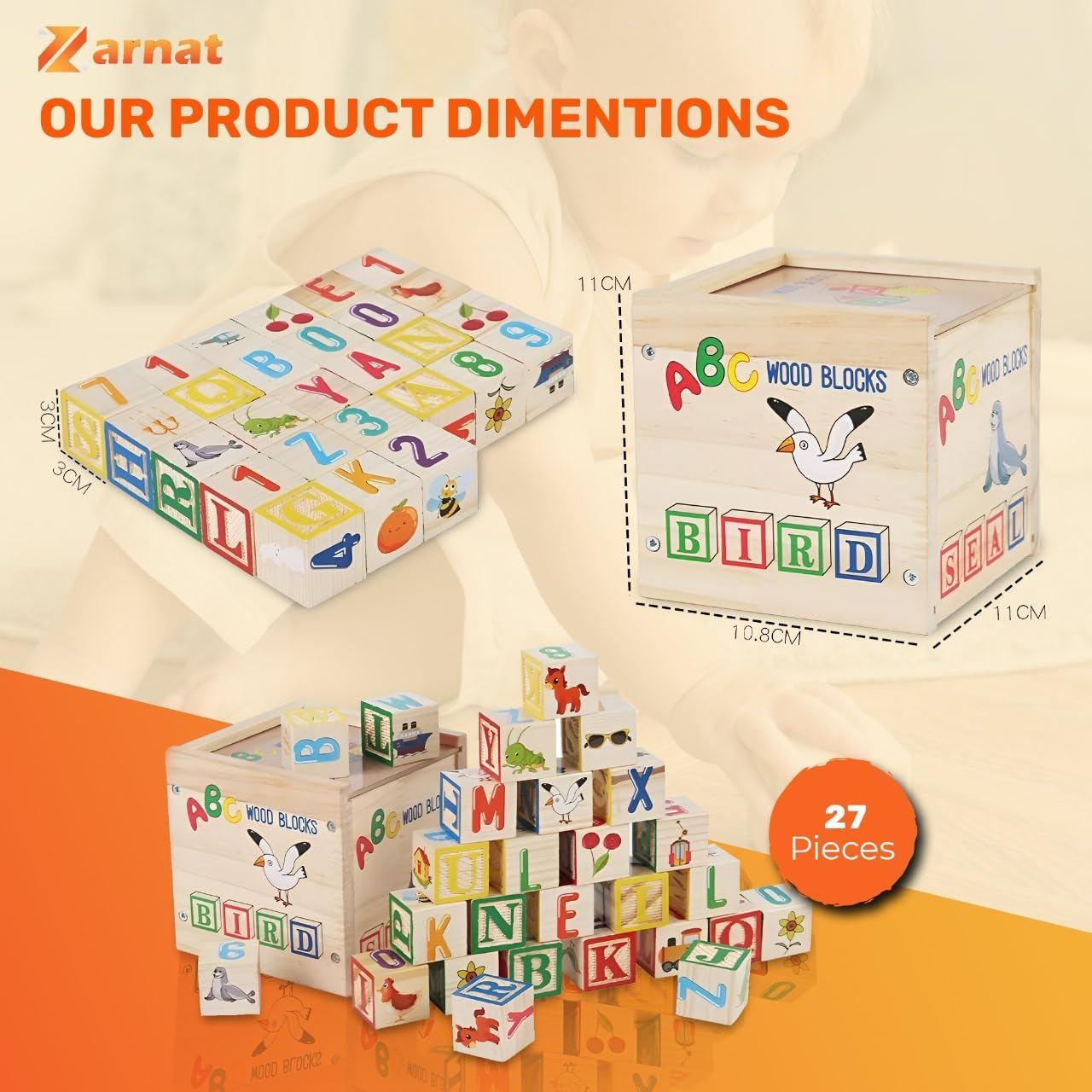 Wooden Baby ABC Block Set &ndash; 27-Piece Alphabet & Number Learning Blocks for Toddlers &ndash; Montessori Educational Toys for Preschool Learning &ndash; Beautiful Wooden Toy Set for Kids 1-3 image number 5