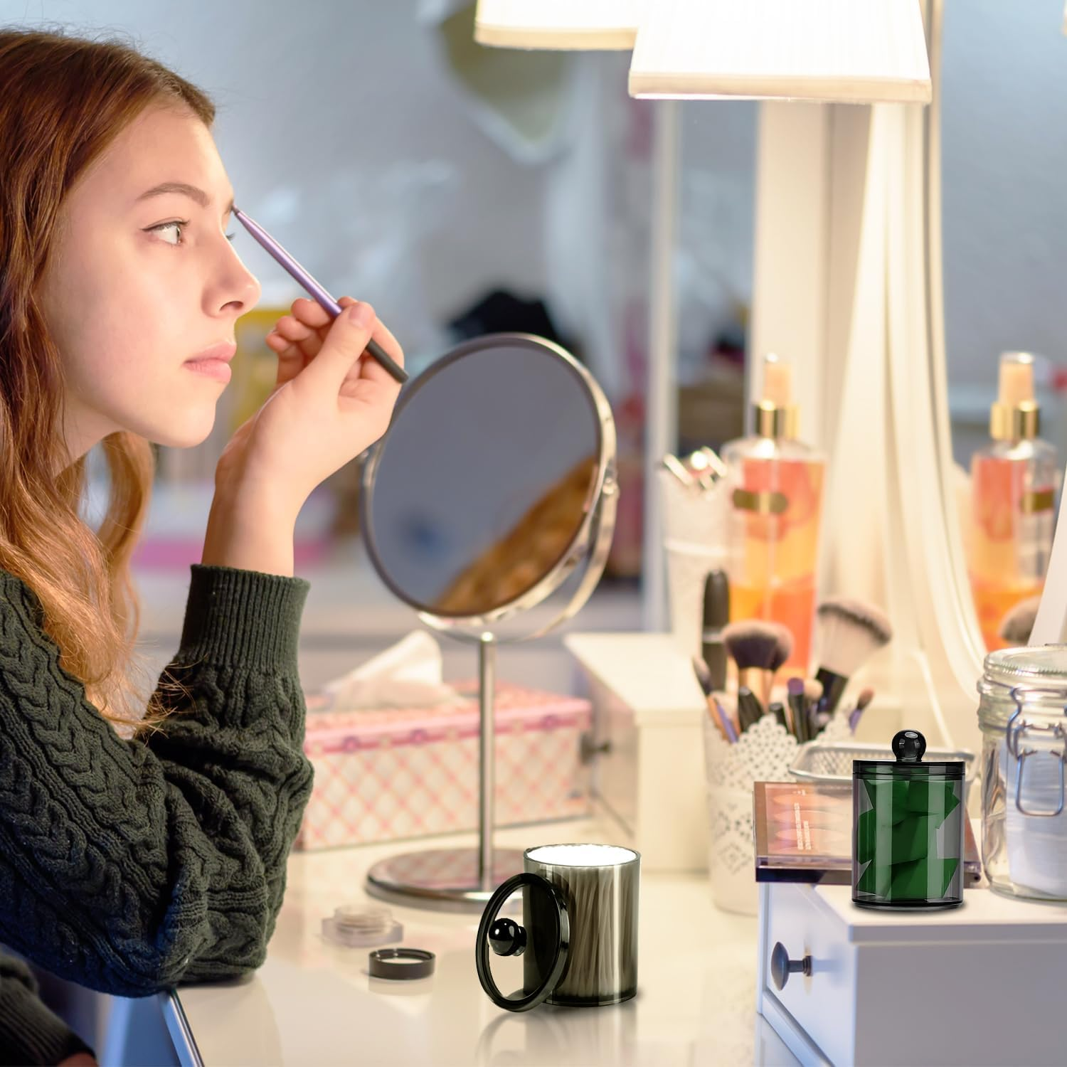 QIXIAOTOUQI 4 Pack Cotton Buds Dispenser, Cotton Pad Holder, Clear Black Cotton Swab Holder ,12 Oz Black Apothecary Jars Bathroom for Cotton Ball, Pads,Floss,Makeup Sponges,Hair Clips image number 4