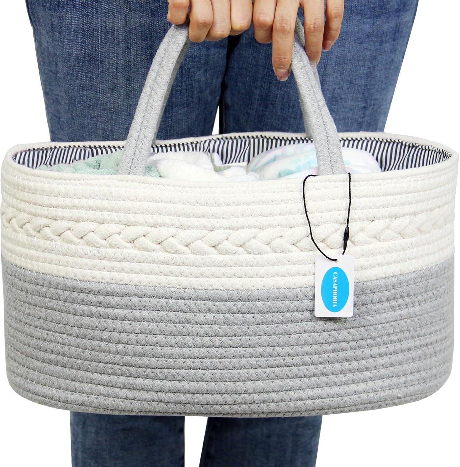 Casaphoria Caddy Organization Woven Cotton Rope Basket Storage Caddy or Gift, Soft Circular Basket with Handle, Cotton Material,Light Brown(15.5"X10"X7.5")