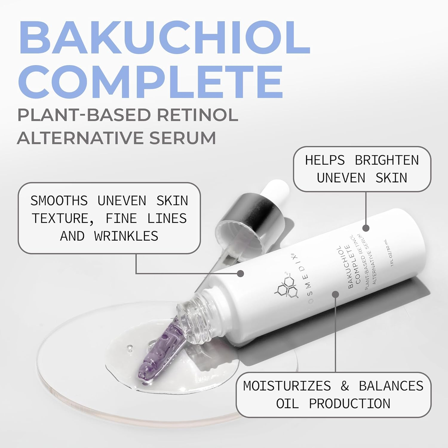 COSMEDIX Bakuchiol Complete Plant-Based Retinol Alternative Serum, Improves Appearance of Fine Lines and Wrinkles, Lightweight and Conditioning, Botanical Retinol Alternative, Cruelty Free