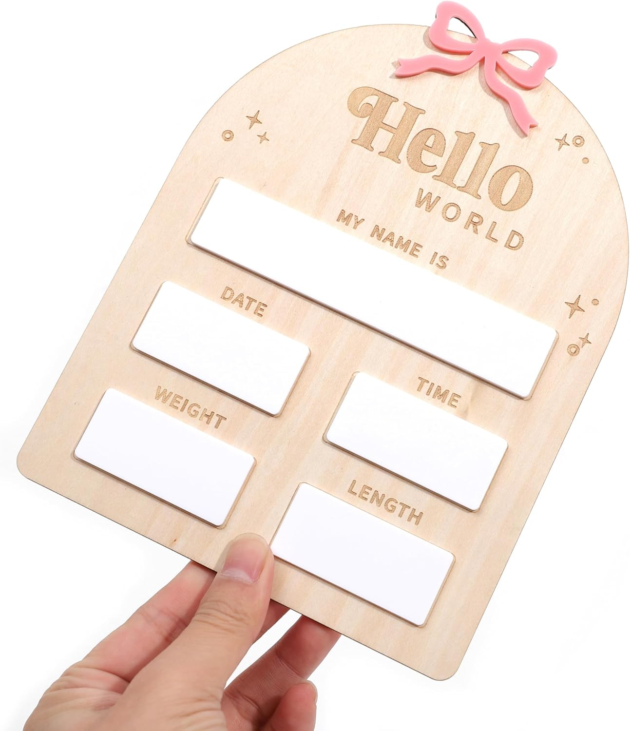 Wooden Bow Baby Birth Announcement Sign for Girls - Pink Bow Hello World Newborn Welcome Board, Wooden and Acrylic Birth Announcement Board, Hospital Birth Stats, Nursery Decorations image number 1