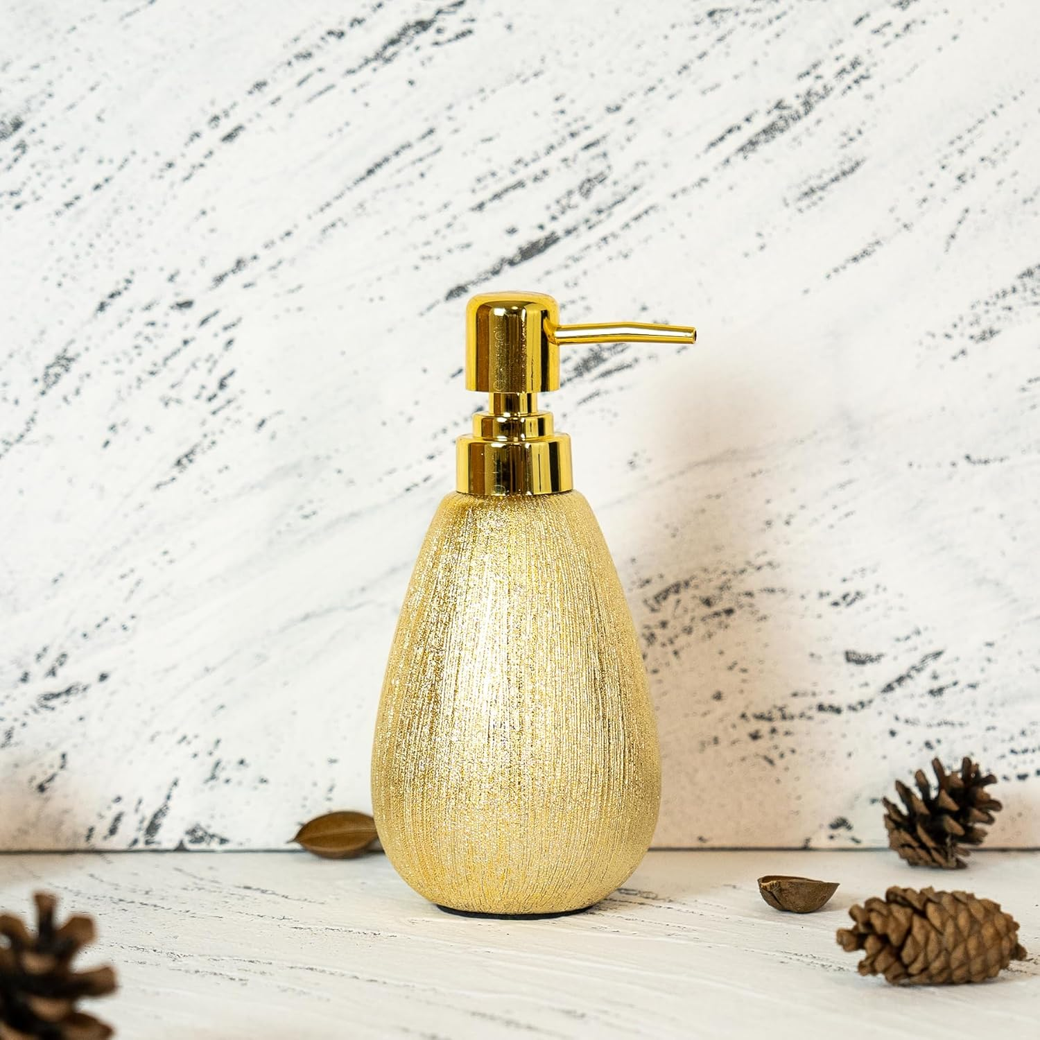ABBI NIMO Brushed Gold Ceramic Soap Dispenser for Bathroom Kitchen 2 Pack, Luxurious Textured Hand Soap Dispenser for Countertop, 11 Oz Refillable Dish Soap Dispenser with Golden Plastic Pump image number 3