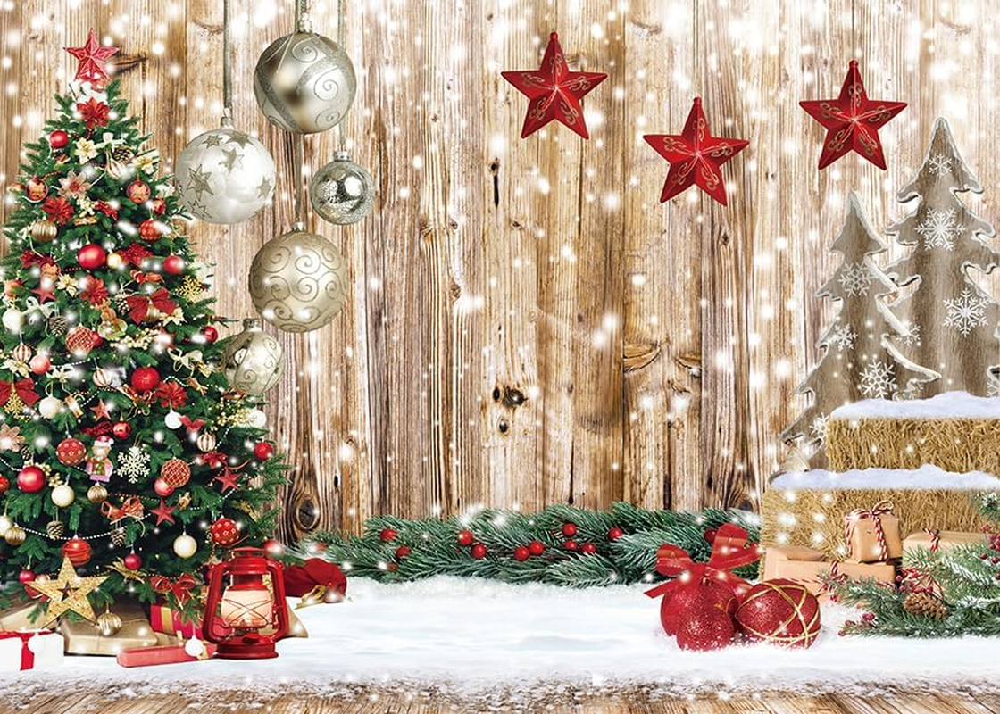 CYLYH 10X8FT Christmas Backdrop Rustic Wood Snow Backdrop Xmas Tree Gifts Background for Christmas Party Decoration Xmas Family Party Banner image number 4