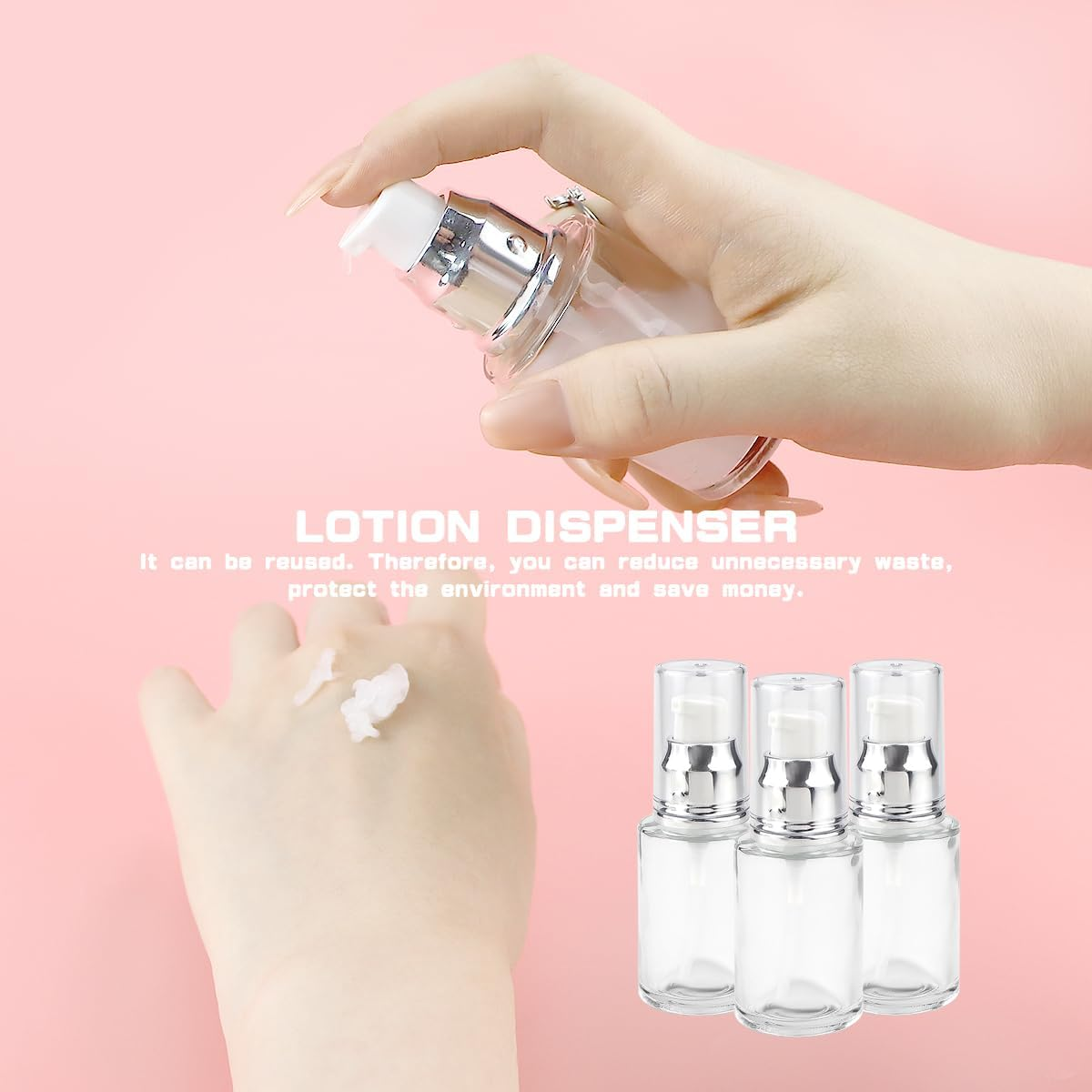 LNQ LUNIQI Pack of 3 Empty Pump Bottles Glass, 30 Ml Small Pump Dispenser Travel, Refillable Lotion Bottle, Transparent Travel Bottles for Cosmetics Lotion image number 1