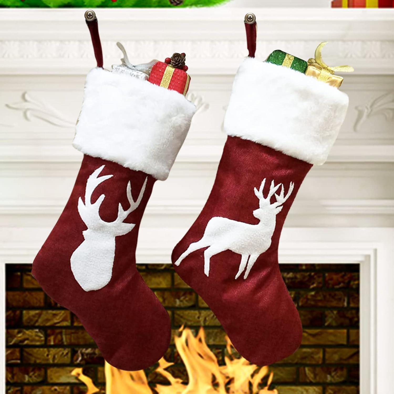 Meajore 2 Pcs Christmas Stockings New Set, 3D Gnomes Santa Christmas Stockings Personalized (18Inch) Soft Classic Red and Grey Fireplace Hanging for Family Holiday Xmas Party Decorations