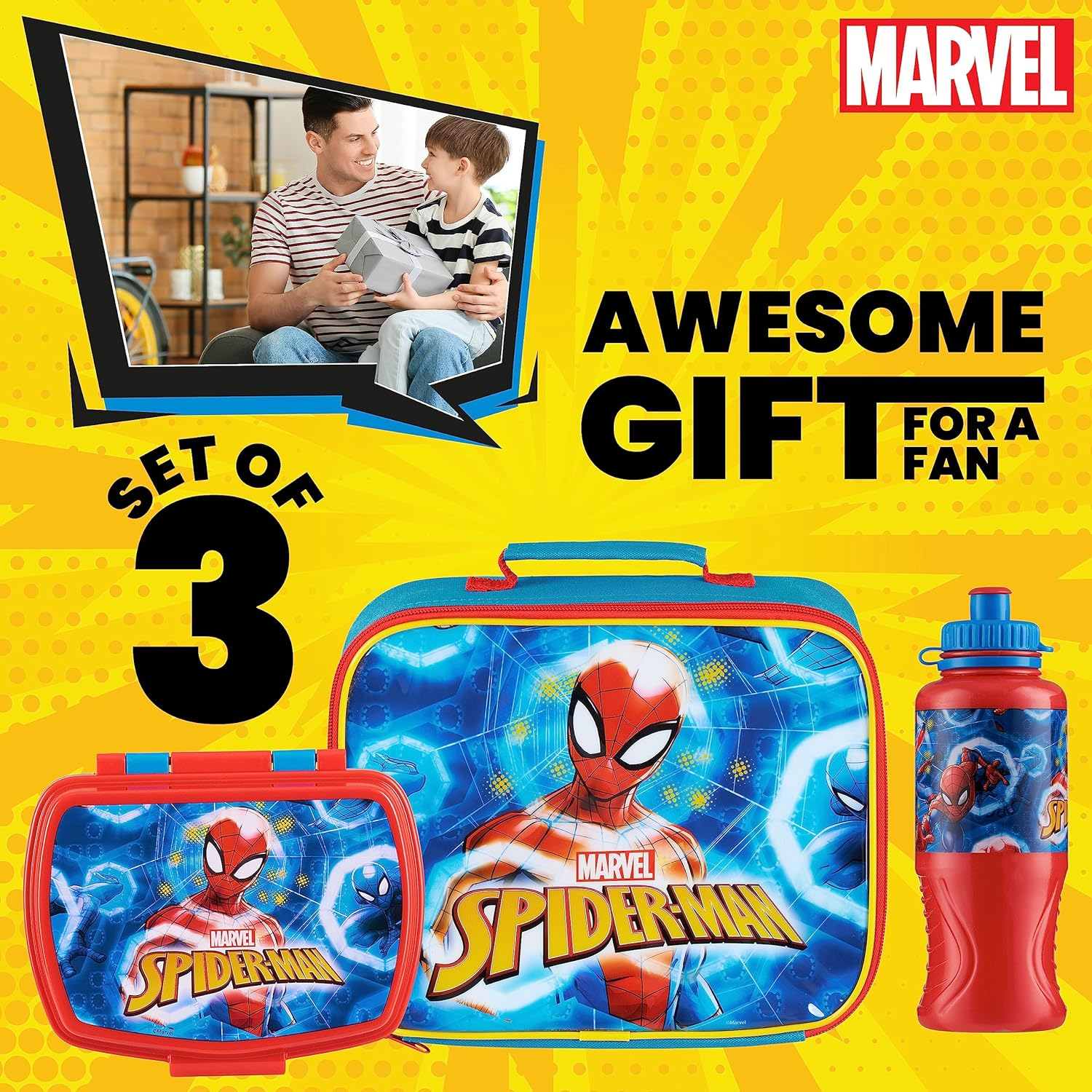 Marvel Kids Lunch Box 3 Piece Set Avengers Insulated Lunch Bag Snack Box 430Ml Spiderman Water Bottle BPA Free School Travel Captain America Iron Man Thor (Multicolor Spiderman) image number 3
