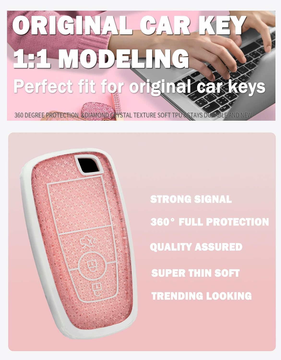 Ontto TPU Car Key Fob Cover Fit for Ford Ranger Everest Transit Custom Kuga Mustang Ecosport Bronco Edge Fusion Key Case Holder Keychain Shell Keyring Bag Bling Protector Accessories Pink 2 image number 6
