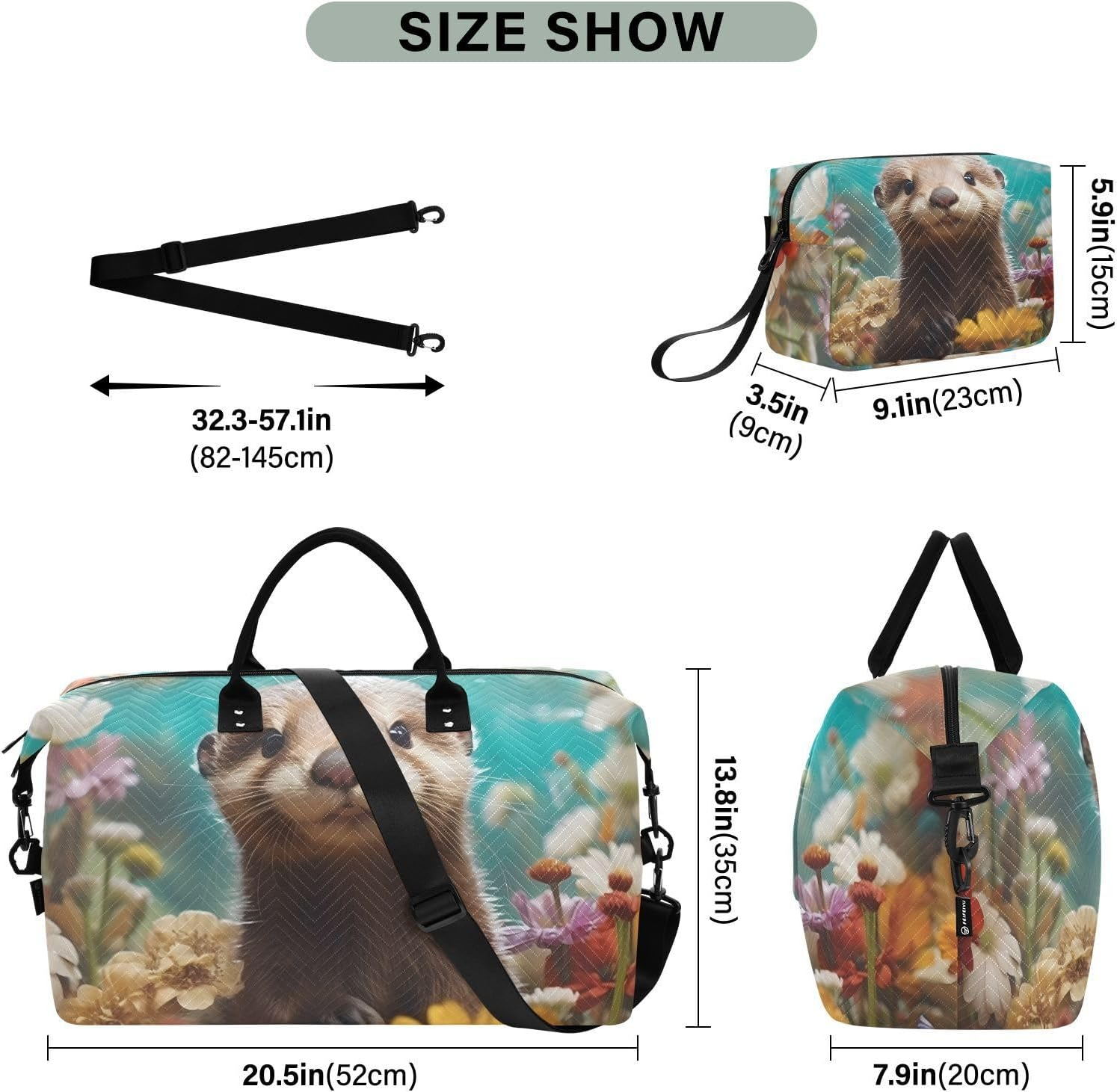 WOIWB Duffel Bag Set with Toiletry Bag for Travel Gym Sport, Luggage Sleeve Weekender Bag Carry on Overnight Bag-Watercolor Painting Otter Print, Multicolor, 20.5 X 7.9 X 13.8 Inches+9.1 X 3.5 X 5.9 image number 3