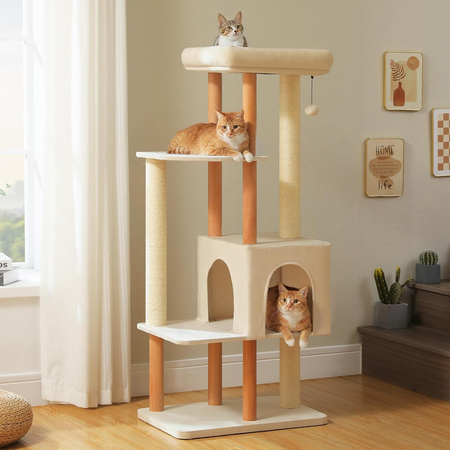 PAWZ Road Wooden Cat Tree for Indoor Large Cats, 124.5Cm Modern Cat Tower with 4 Cotton Rope Covered Scratching Posts, 6 Wood Posts, Super Large Platform and Pompom